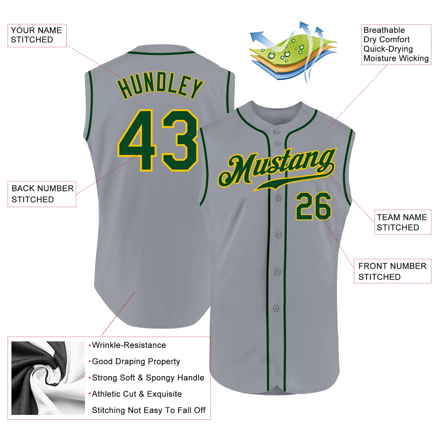 Custom Gray Green-Gold Authentic Sleeveless Baseball Jersey