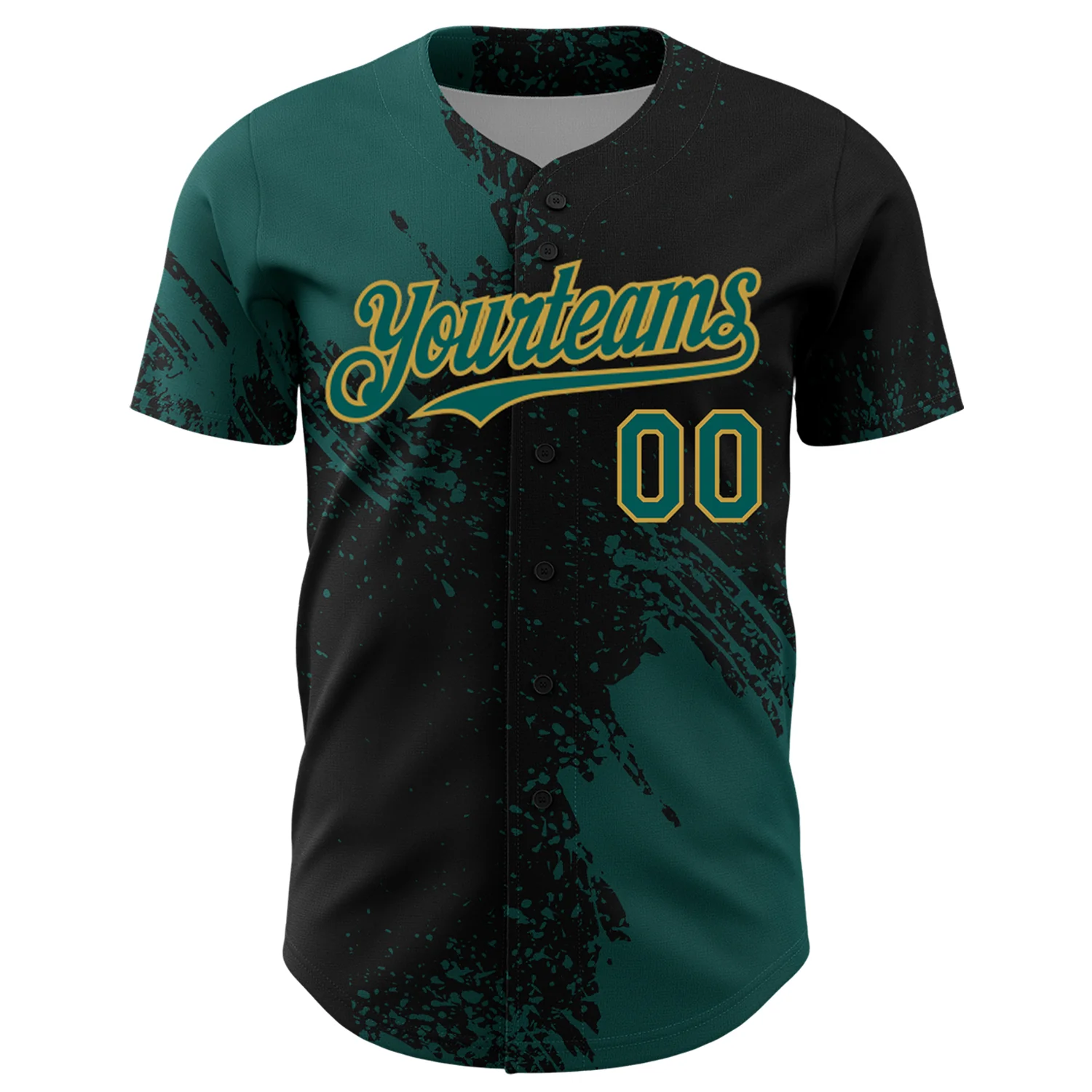 Custom Midnight Green Black-Old Gold 3D Pattern Design Abstract Brush Stroke Authentic Baseball Jersey