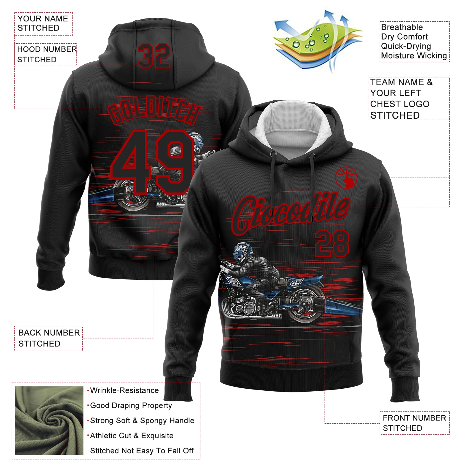 Custom Stitched Black Red 3D Pattern Design Motorcycle Motocross Skull Racing Sports Pullover Sweatshirt Hoodie