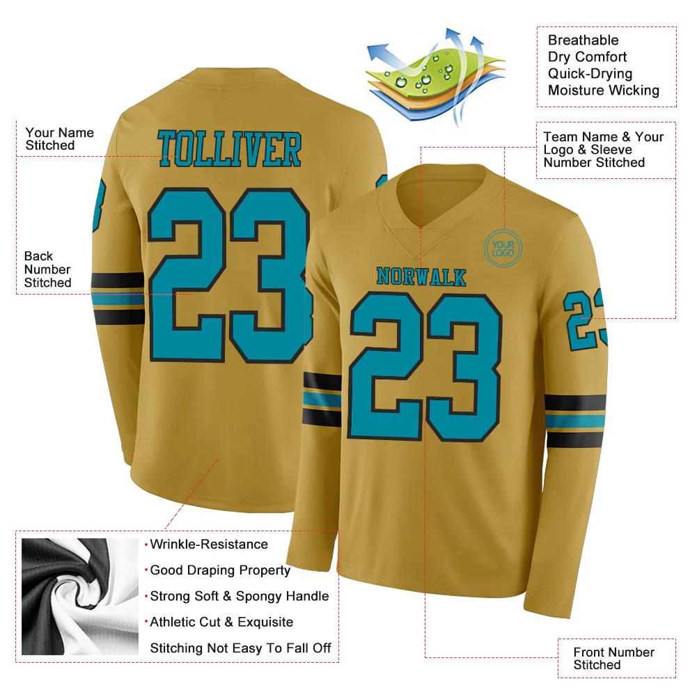 Custom Old Gold Teal-Black Long Sleeve Authentic Football Jersey
