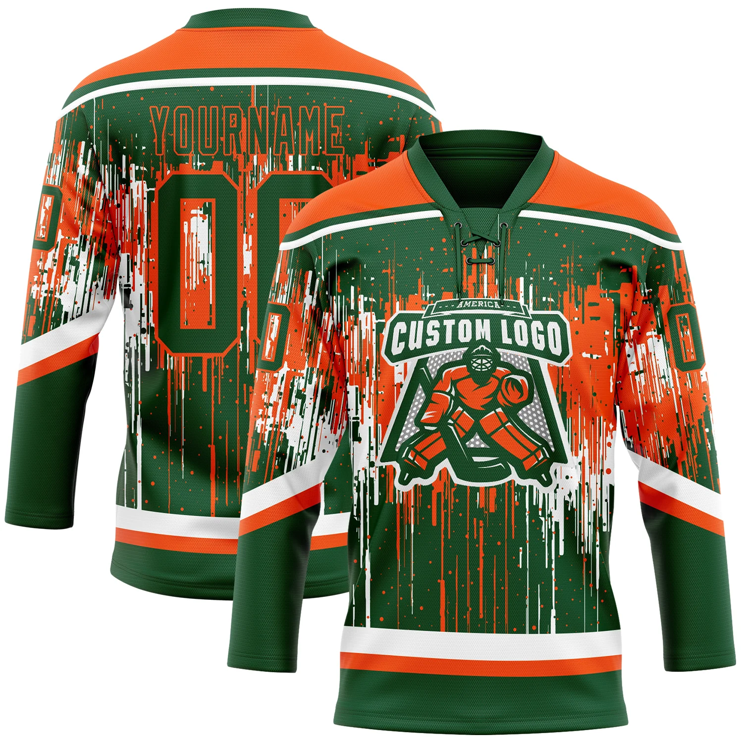 Custom Green Orange-White 3D Pattern Dripping Splatter Hockey Lace Neck Jersey