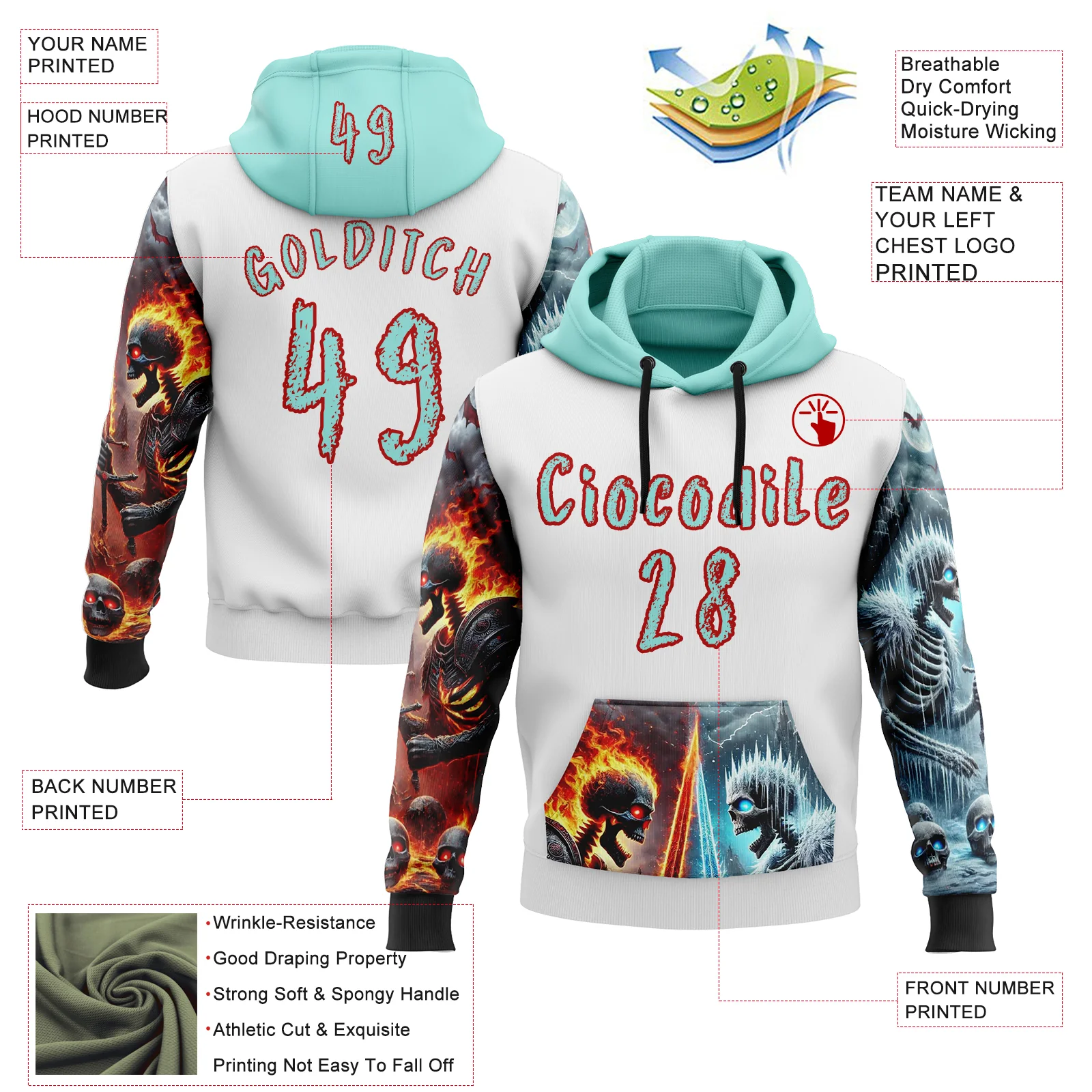 Custom White Ice Blue-Red 3D Skull Flame VS Ice Sports Pullover Sweatshirt Hoodie