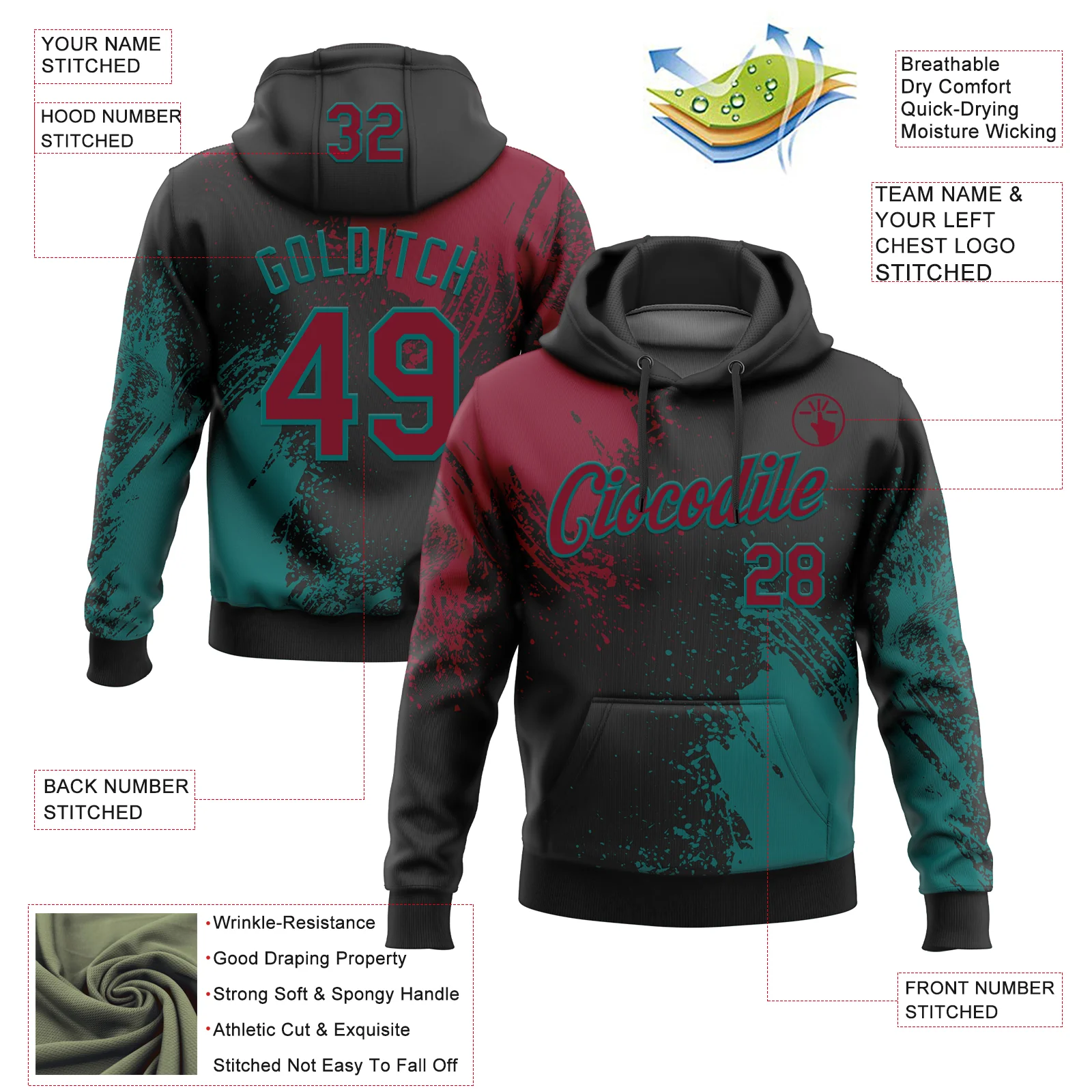Custom Stitched Black Crimson-Teal 3D Pattern Design Abstract Brush Stroke Sports Pullover Sweatshirt Hoodie