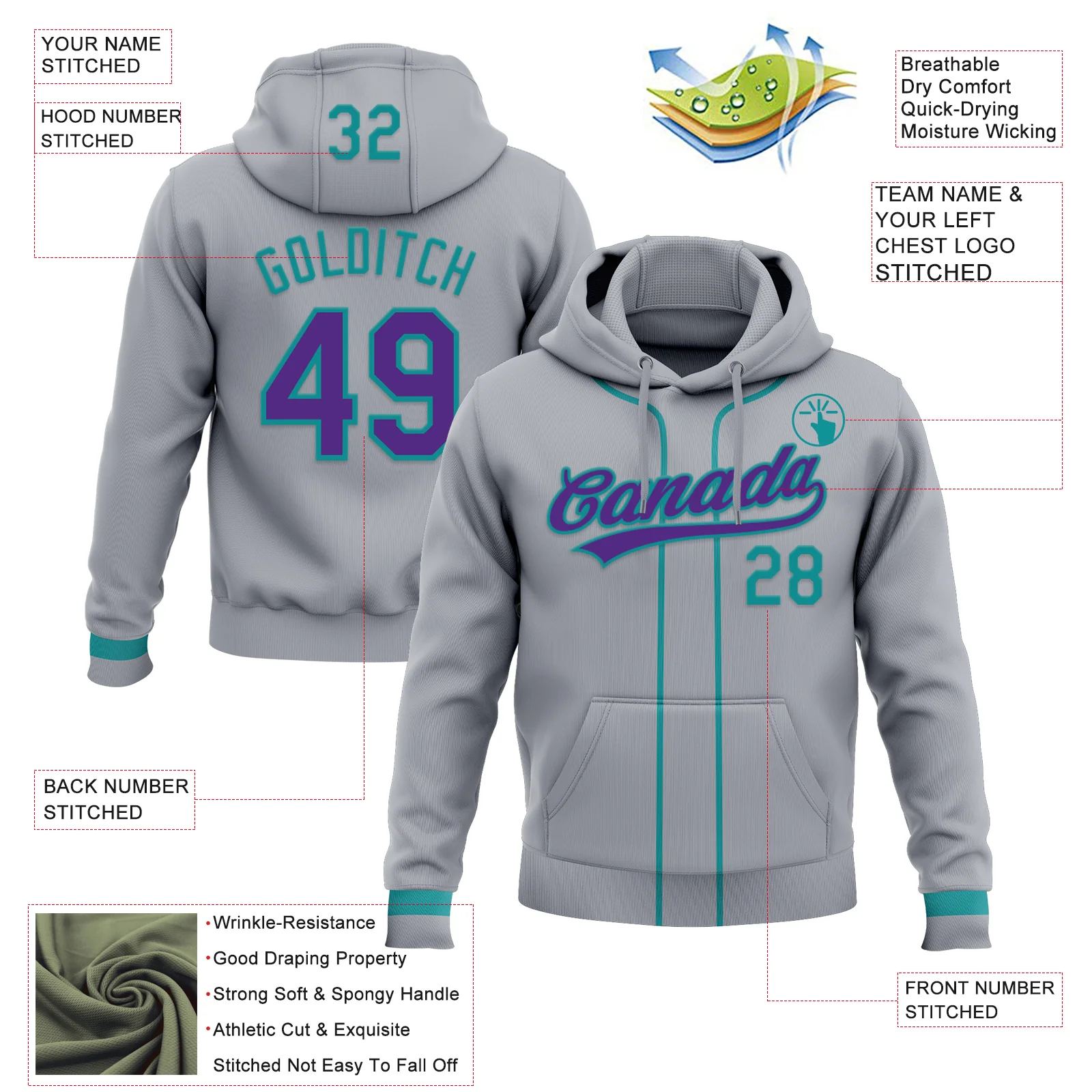 Custom Stitched Gray Purple-Teal Baseball Pullover Sweatshirt Hoodie