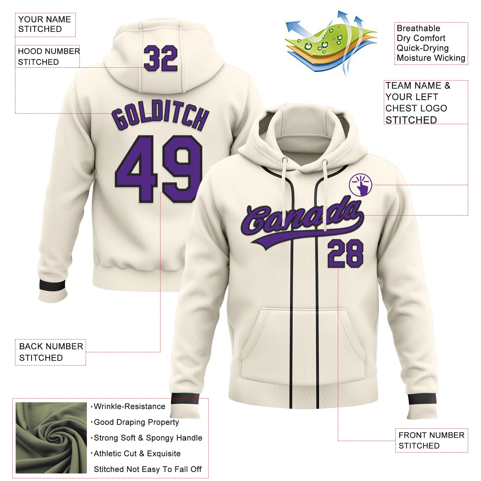 Custom Stitched Cream Purple-Black Baseball Pullover Sweatshirt Hoodie