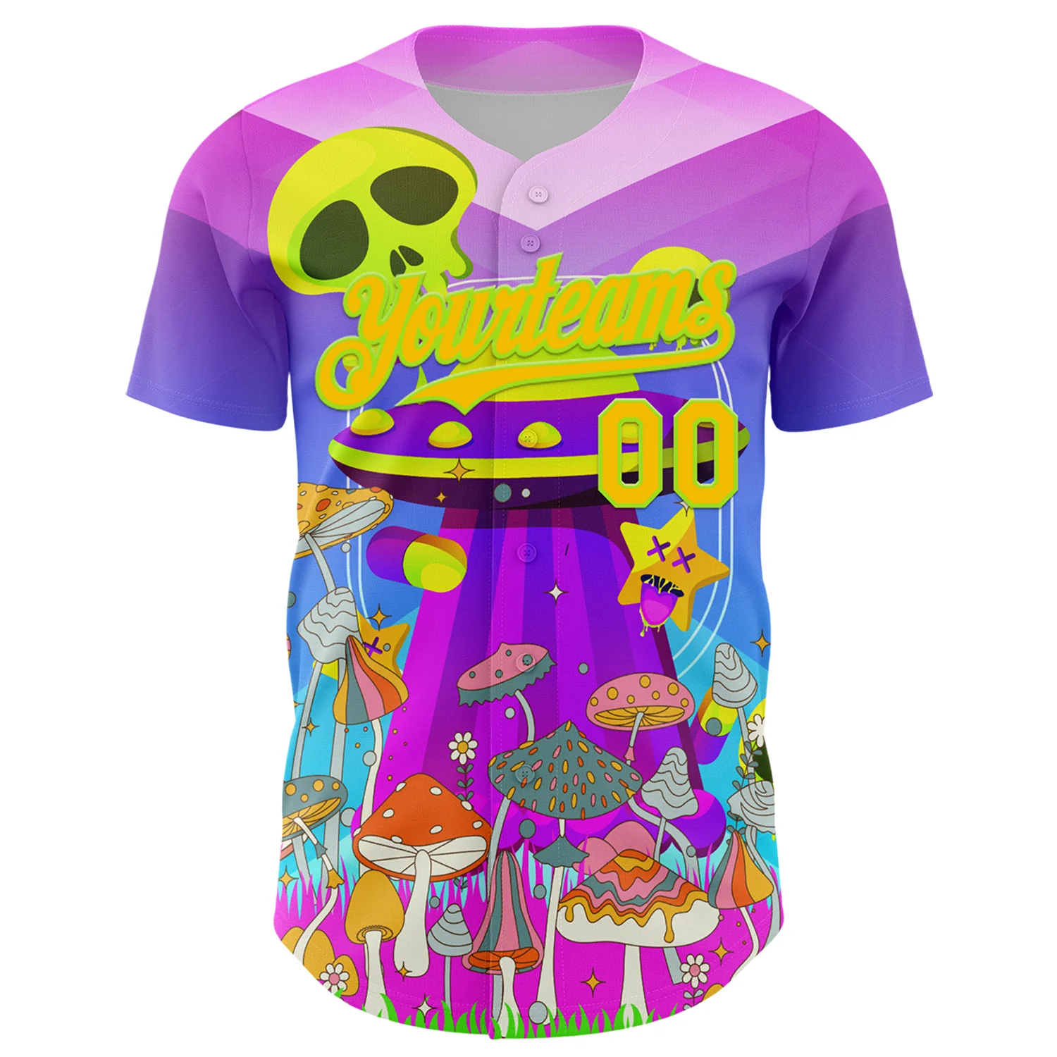 Custom Purple Yellow-Neon Green 3D Pattern Design Trippy Magic Mushrooms Alien Authentic Baseball Jersey