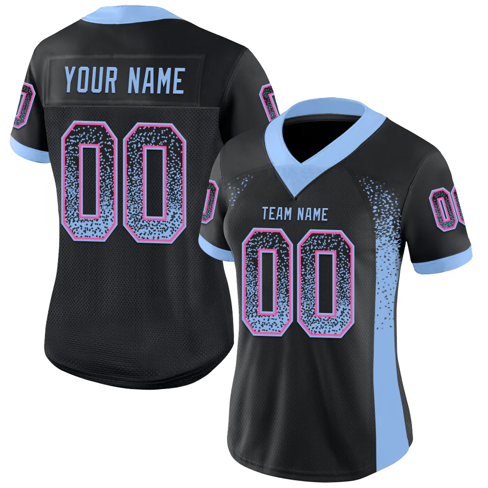 Custom Black Light Blue-Pink Drift Fashion Football Jersey