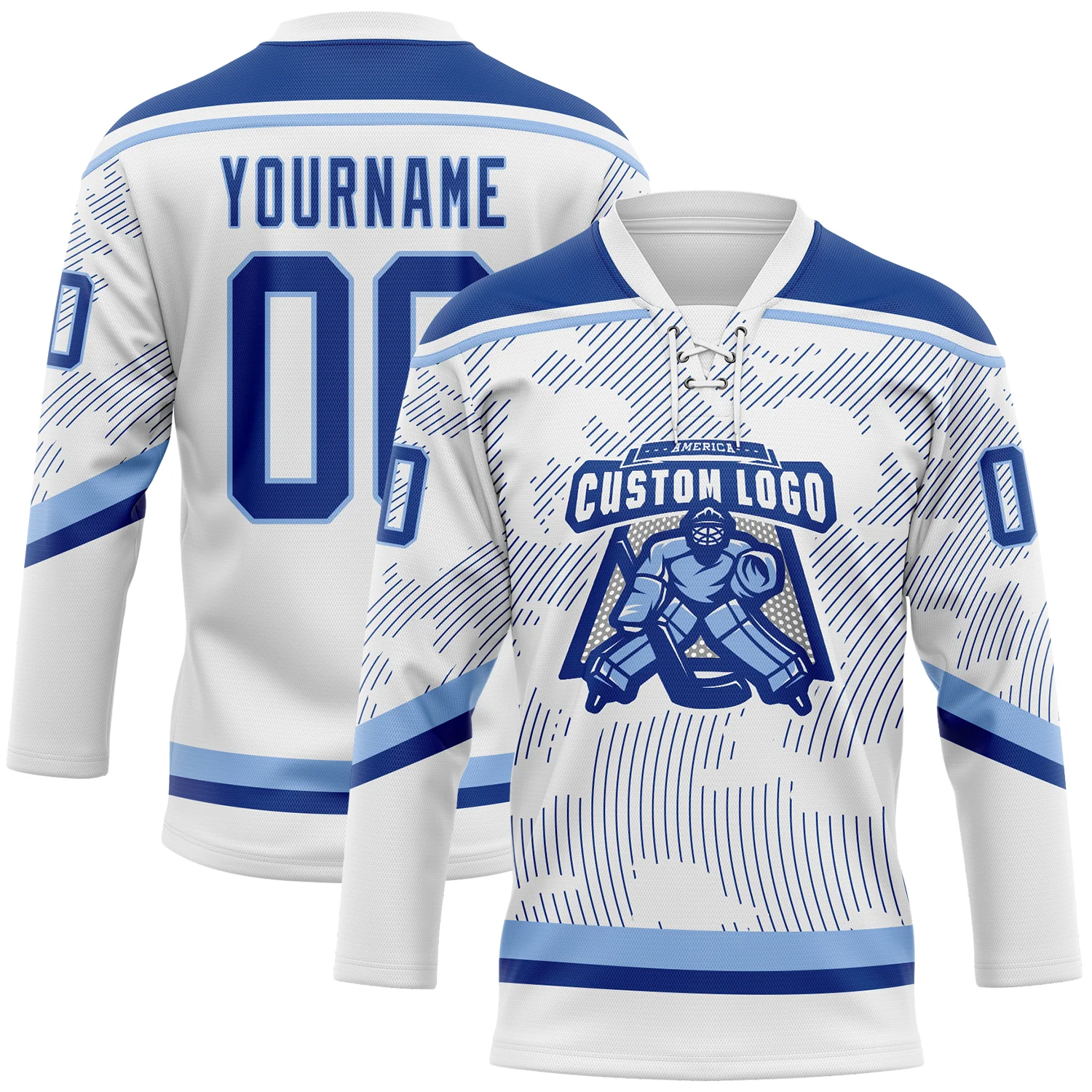 Custom White Royal-Light Blue 3D Pattern Curve Lines Hockey Lace Neck Jersey