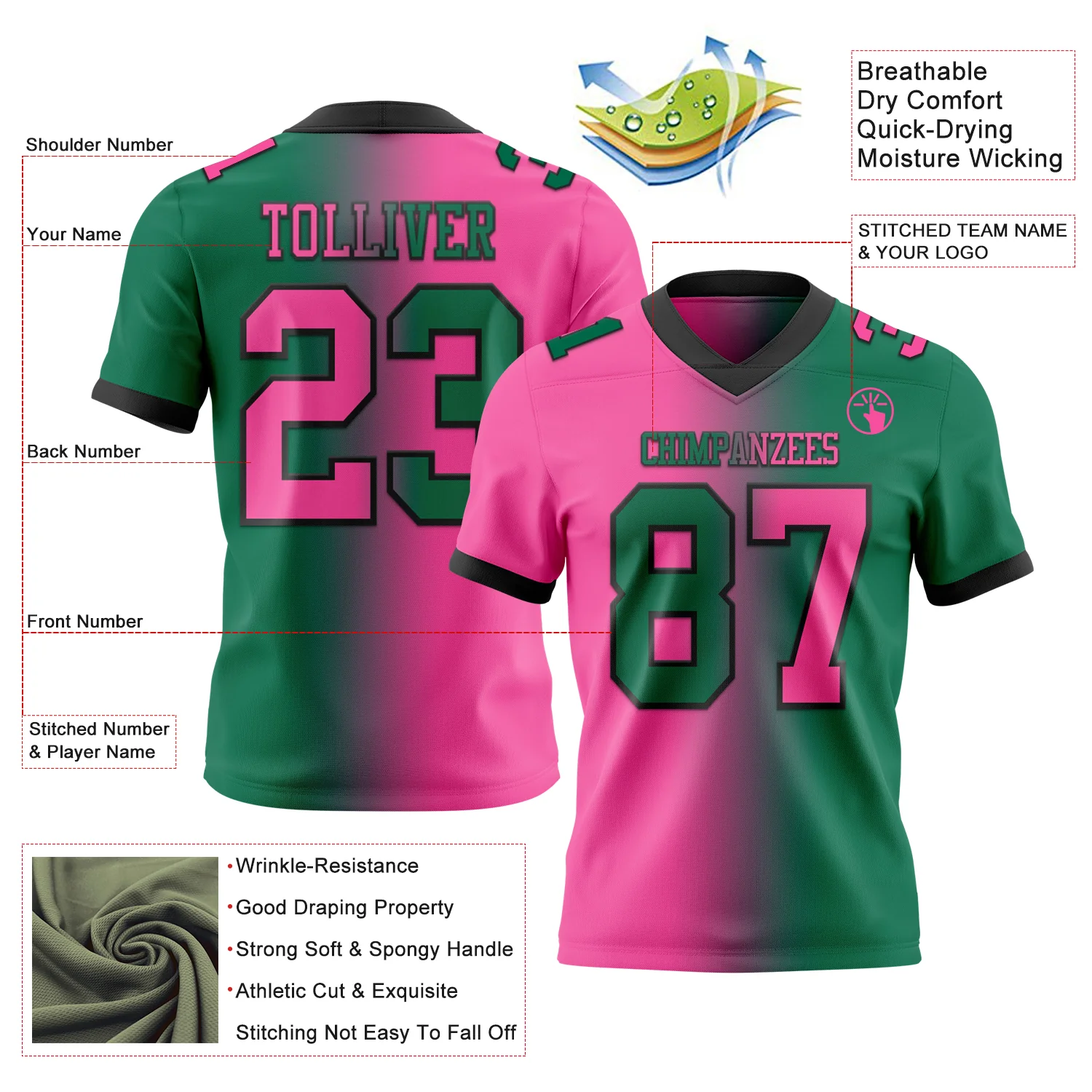 Custom Kelly Green Pink-Black Authentic Gradient Fashion Football Jersey