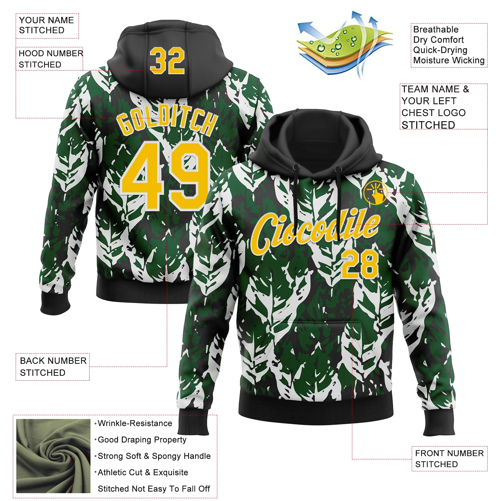 Custom Stitched Black Yellow Green-White 3D Pattern Design Sportswear Pullover Sweatshirt Hoodie