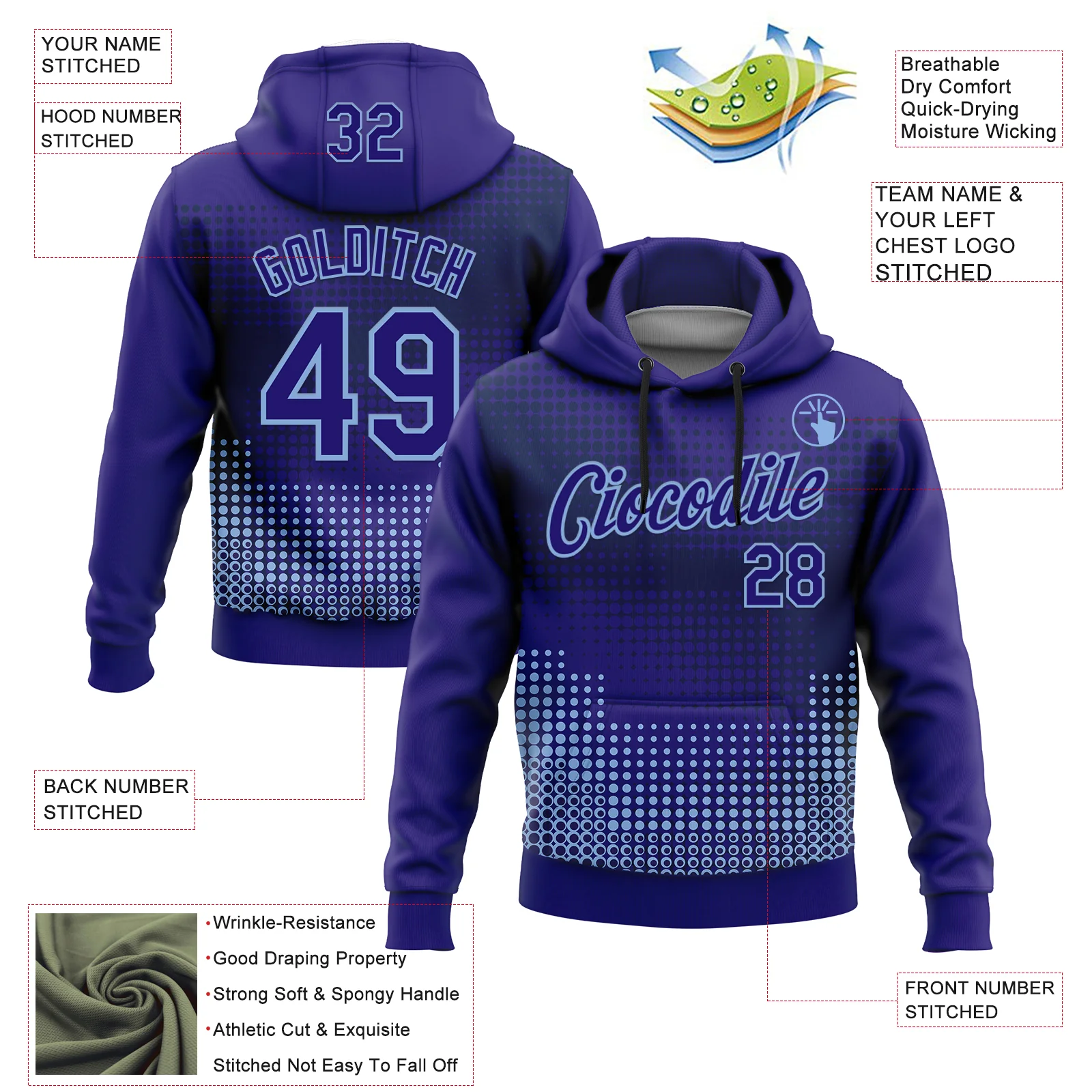 Custom Stitched Dark Purple Light Blue-Navy 3D Pattern Design Modern Polka Dot Sports Pullover Sweatshirt Hoodie