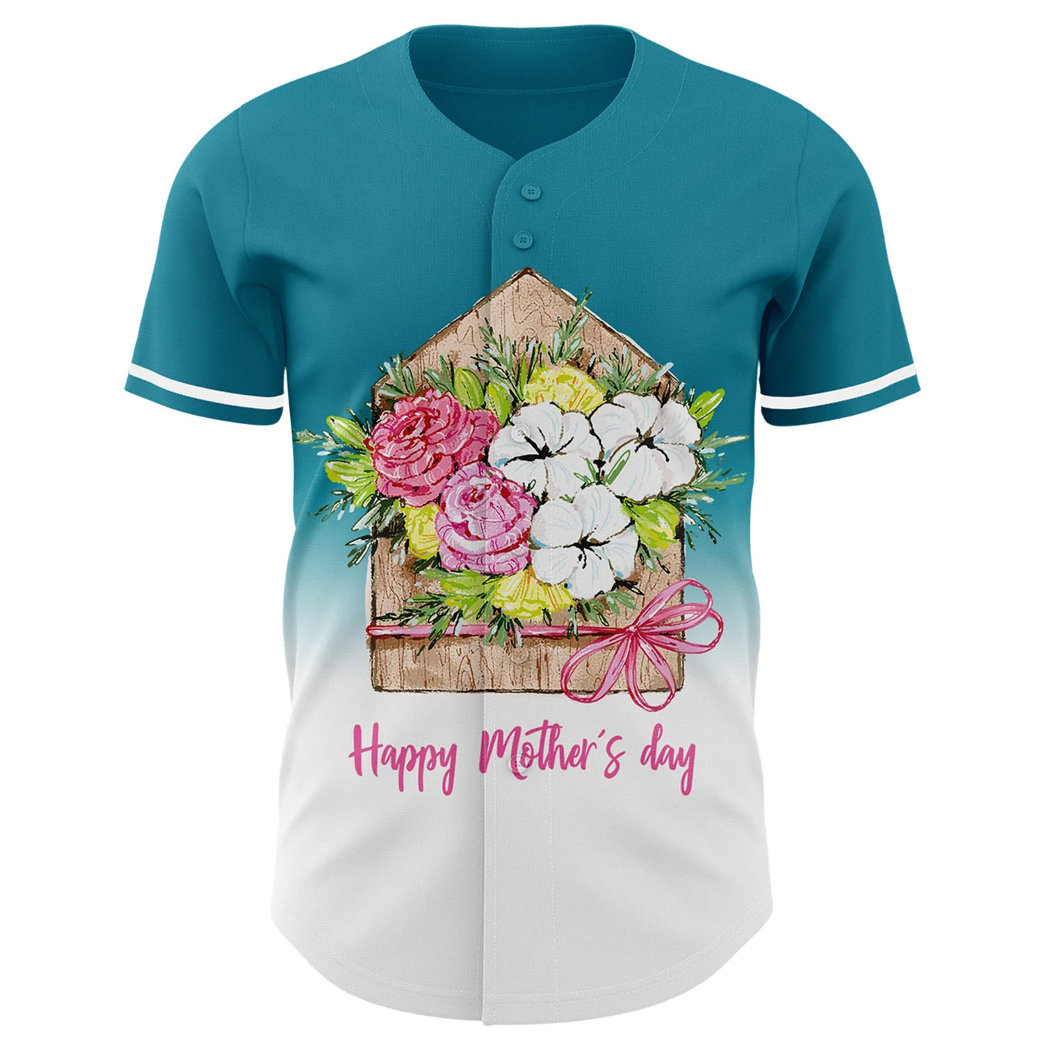 Custom Teal White-Black 3D Pattern Design Gradient Mother's Day Flower Authentic Baseball Jersey