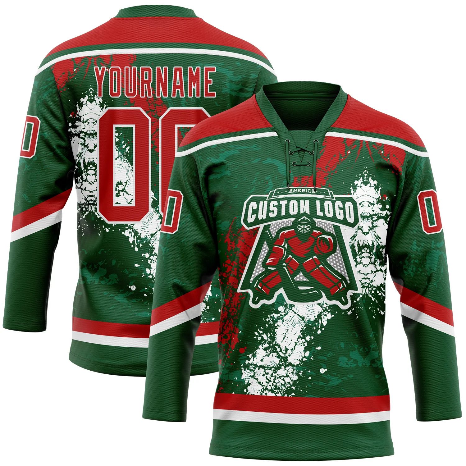 Custom Green Red-White 3D Splash Art Hockey Lace Neck Jersey