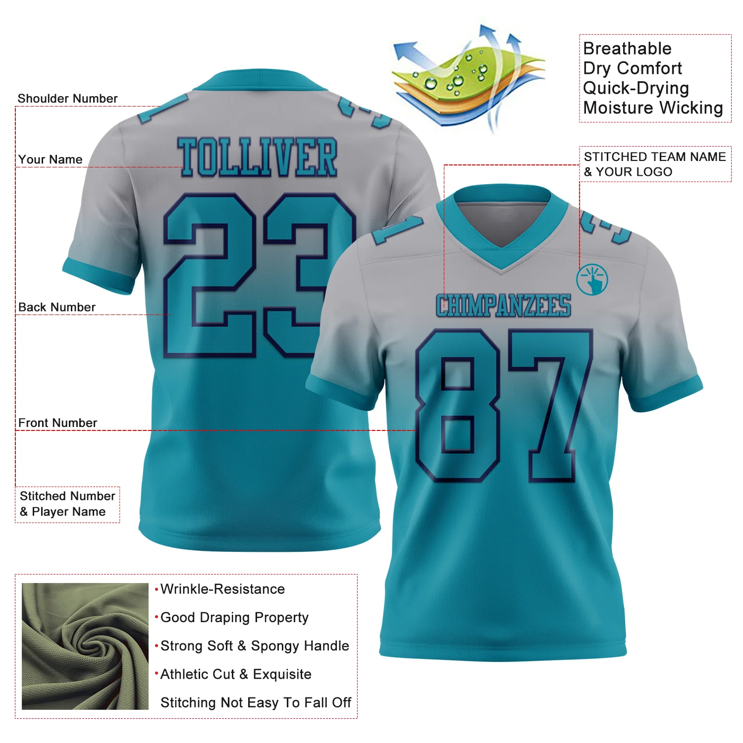 Custom Gray Teal-Navy Authentic Fade Fashion Football Jersey