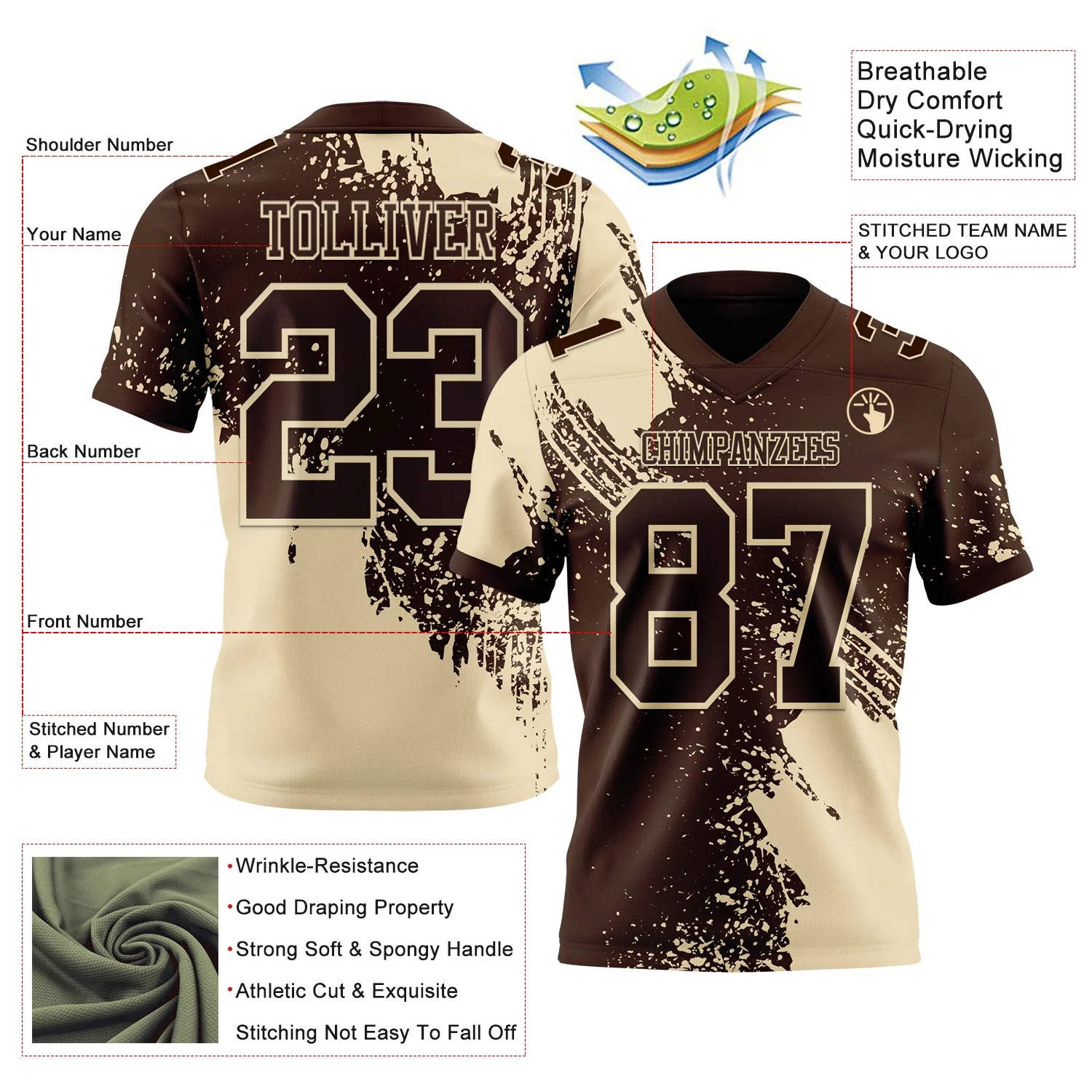 Custom Brown Cream 3D Pattern Abstract Brush Stroke Authentic Football Jersey