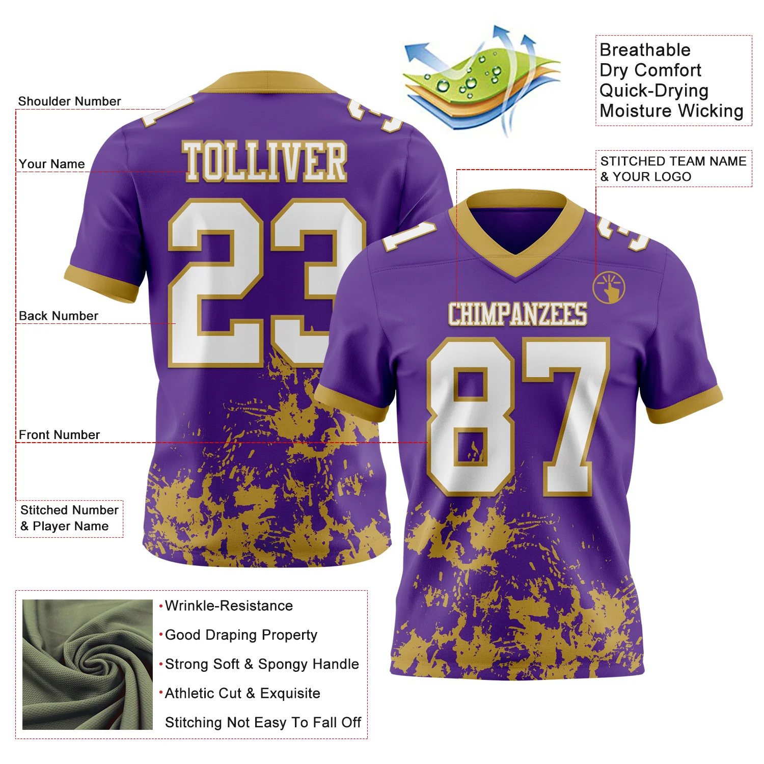Custom Purple White-Old Gold 3D Pattern Splash Authentic Football Jersey