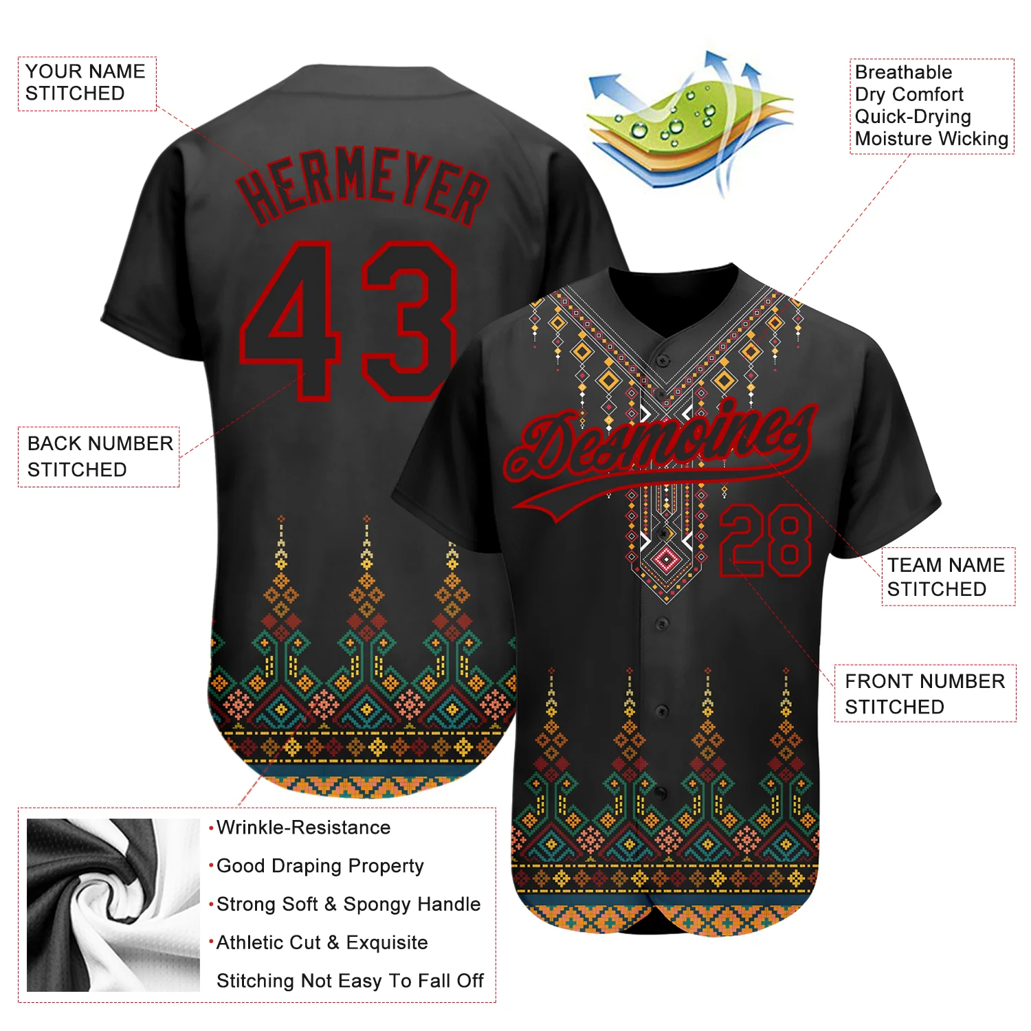 Custom Black Red 3D Pattern Design Traditional African Ethnic Style Authentic Baseball Jersey