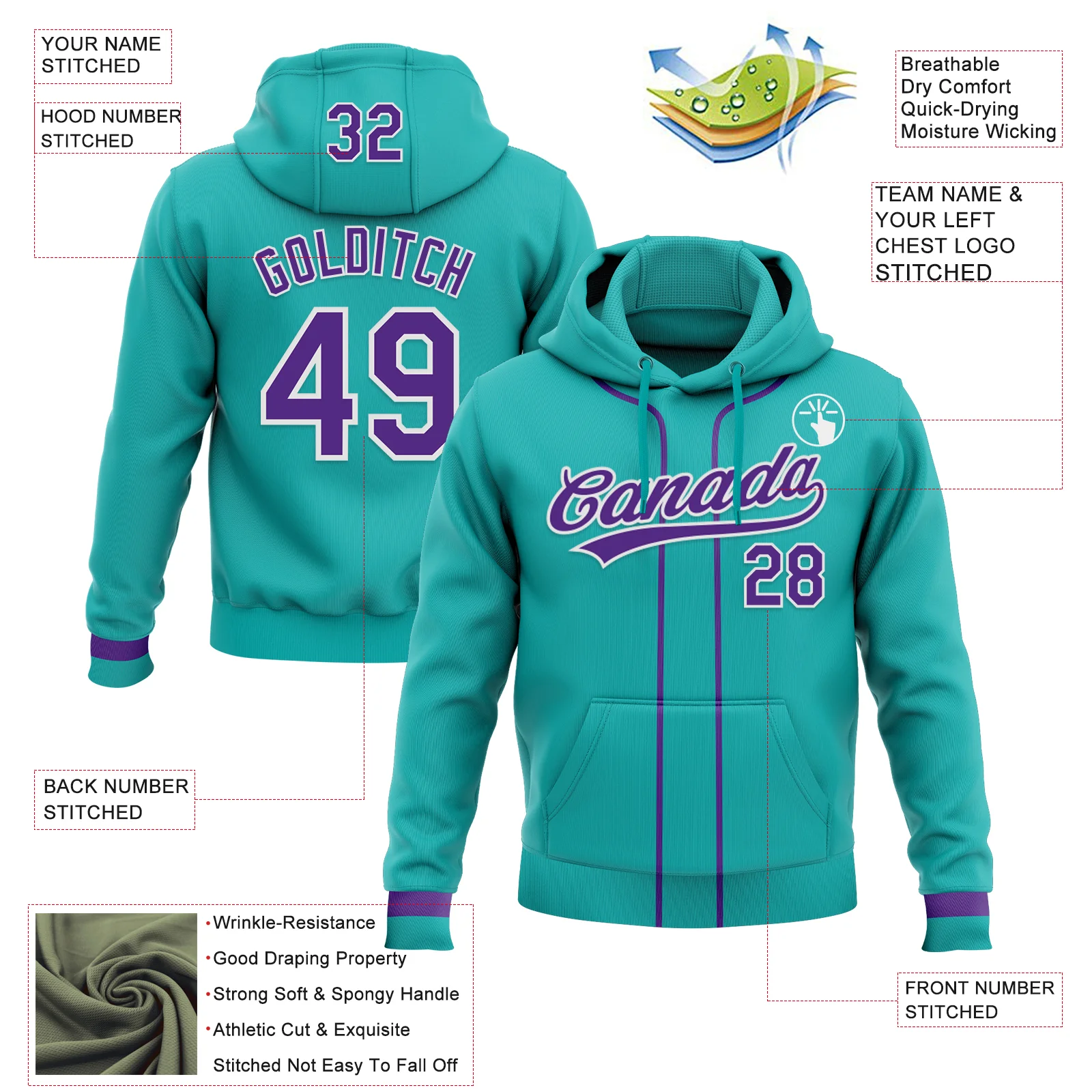 Custom Stitched Aqua Purple-White Baseball Pullover Sweatshirt Hoodie