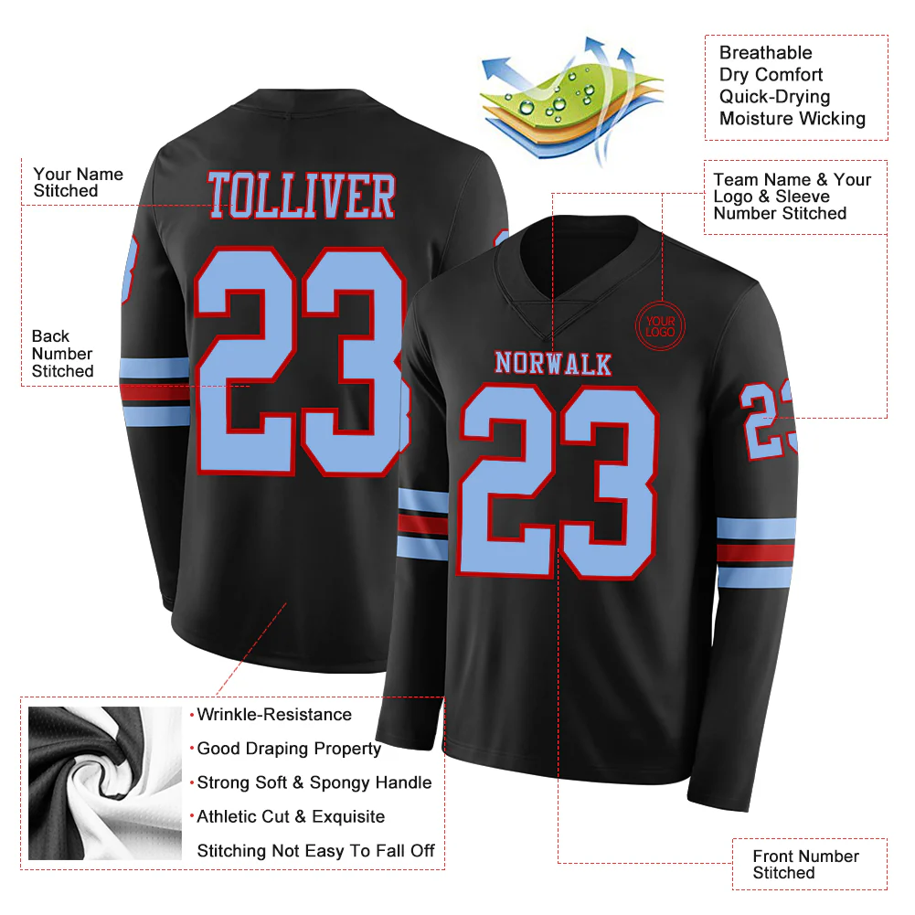 Custom Black Light Blue-Red Long Sleeve Authentic Football Jersey