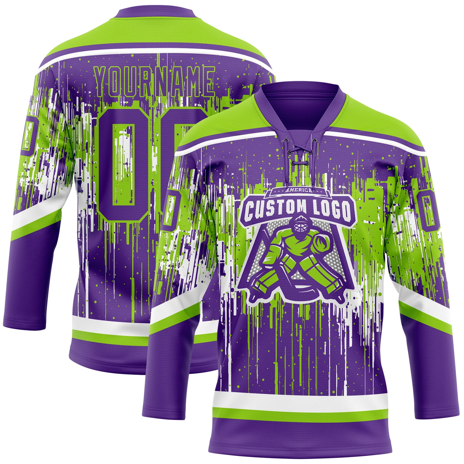 Custom Purple Neon Green-White 3D Pattern Dripping Splatter Hockey Lace Neck Jersey