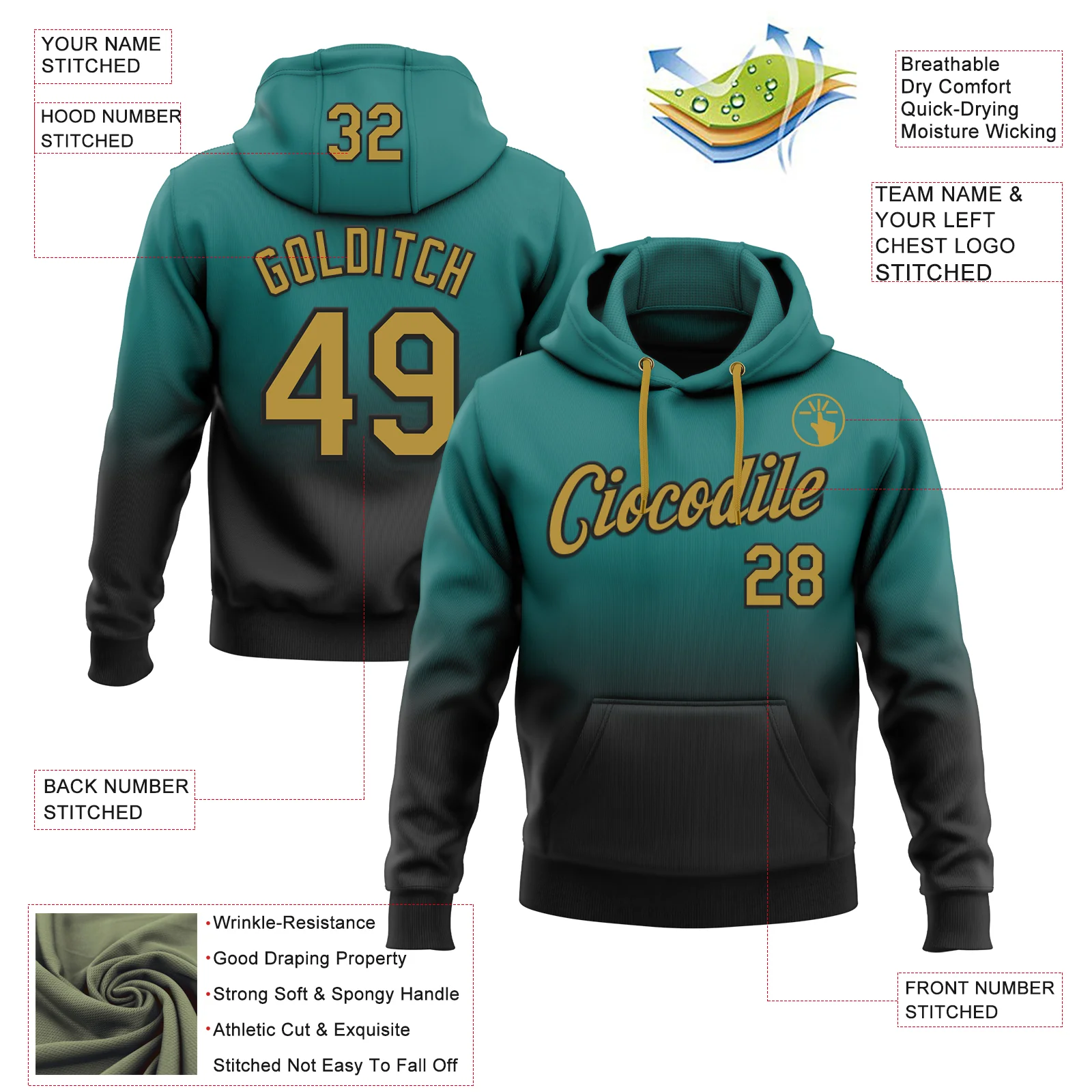 Custom Stitched Teal Old Gold-Black Fade Fashion Sports Pullover Sweatshirt Hoodie