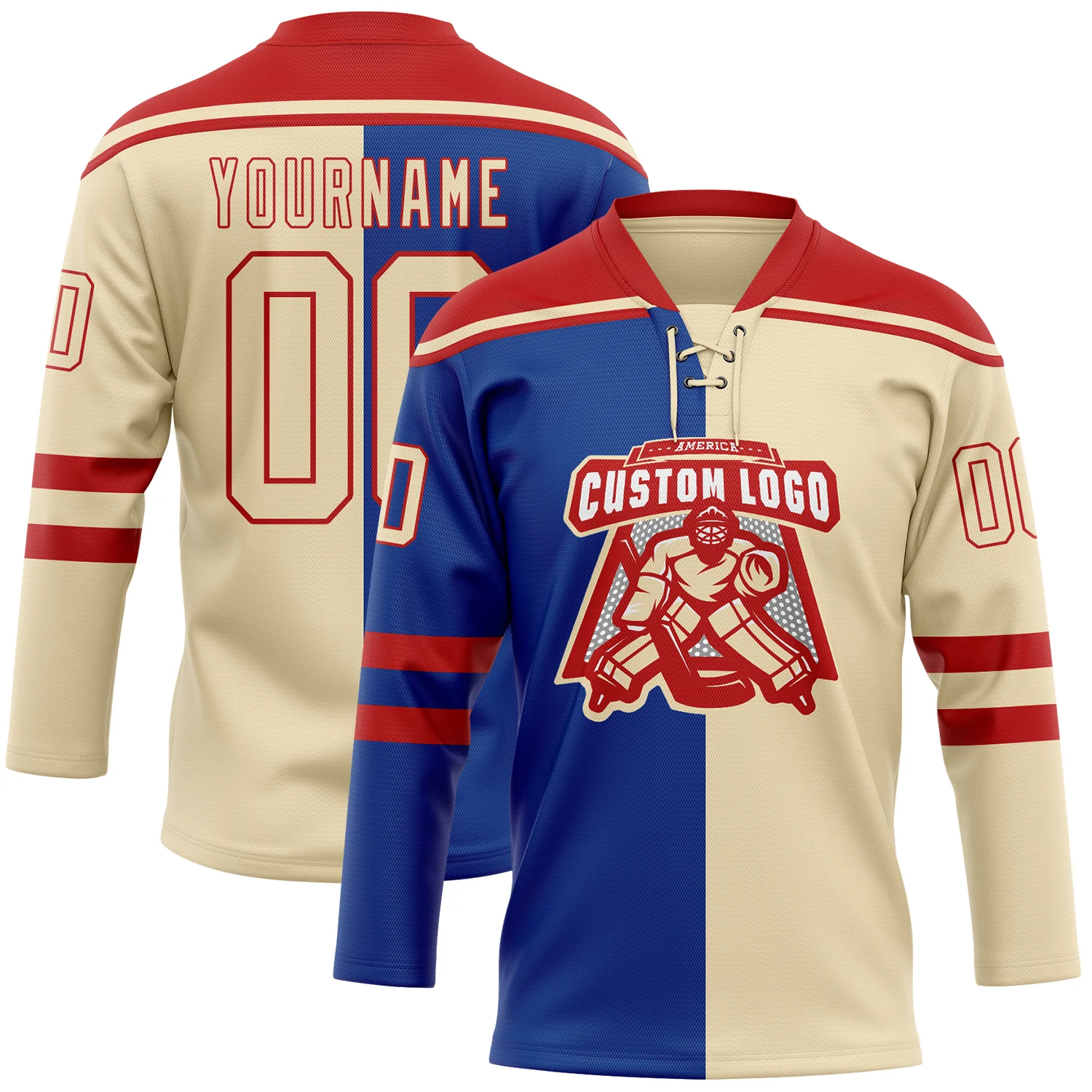 Custom Cream Royal-Red Split Fashion Hockey Lace Neck Jersey