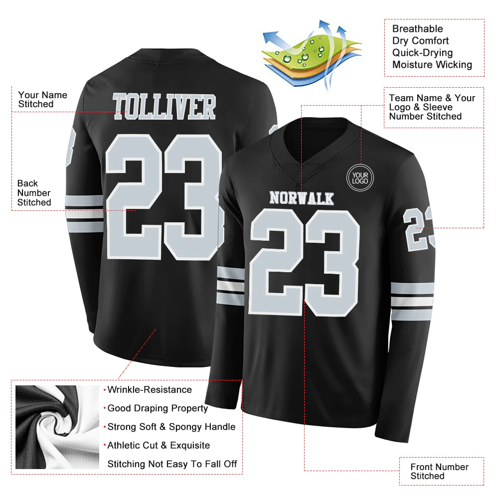 Custom Black Silver-White Long Sleeve Authentic Football Jersey