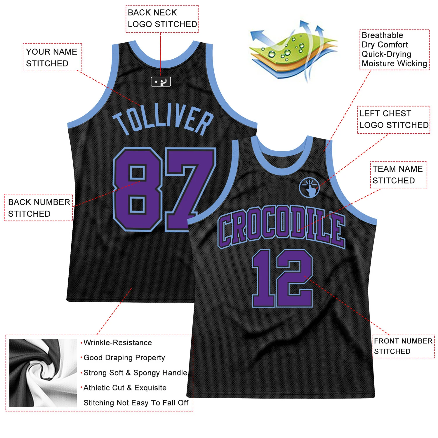 Custom Black Purple-Light Blue Authentic Throwback Basketball Jersey