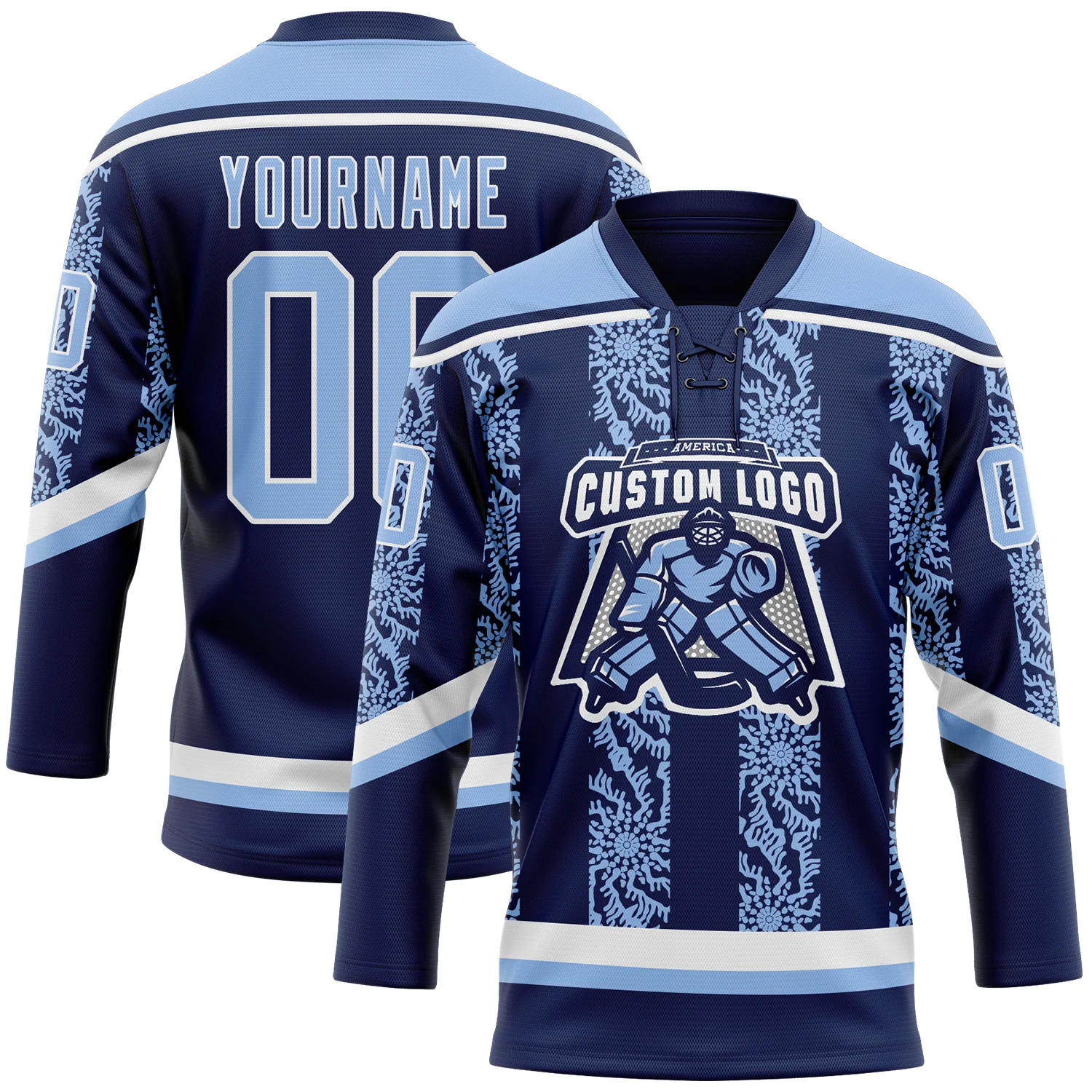 Custom Navy Light Blue-White 3D Pattern Abstract Shape Hockey Lace Neck Jersey