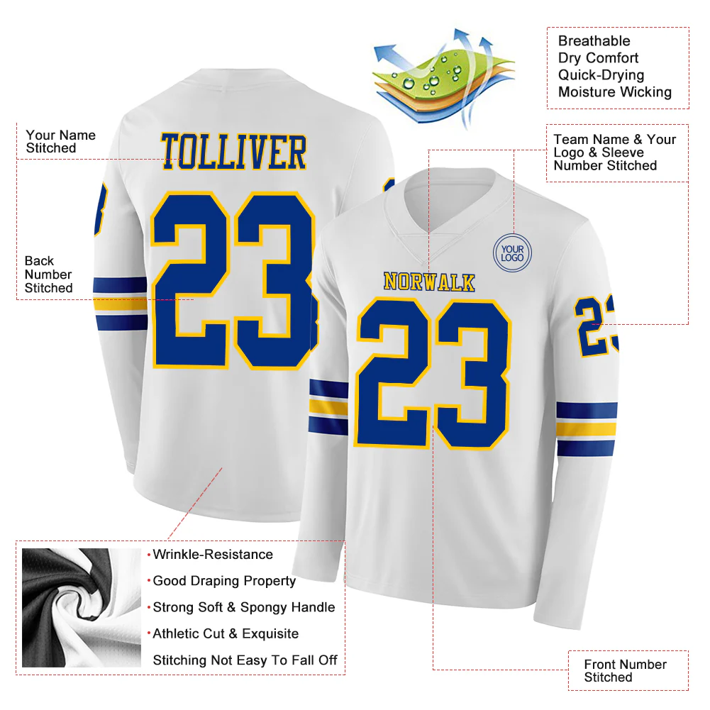 Custom White Royal-Yellow Long Sleeve Authentic Football Jersey