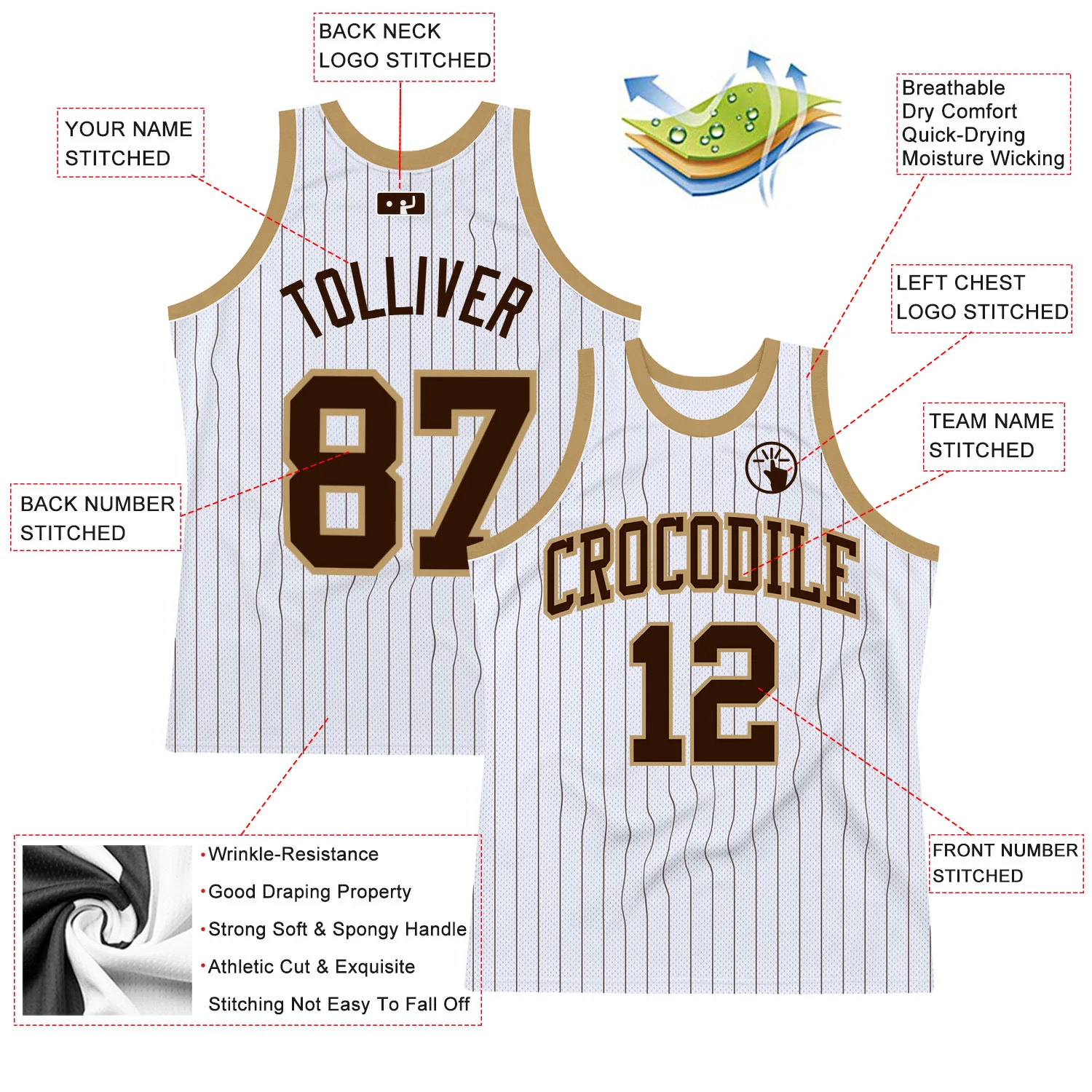 Custom White Brown Pinstripe Brown-Old Gold Authentic Basketball Jersey