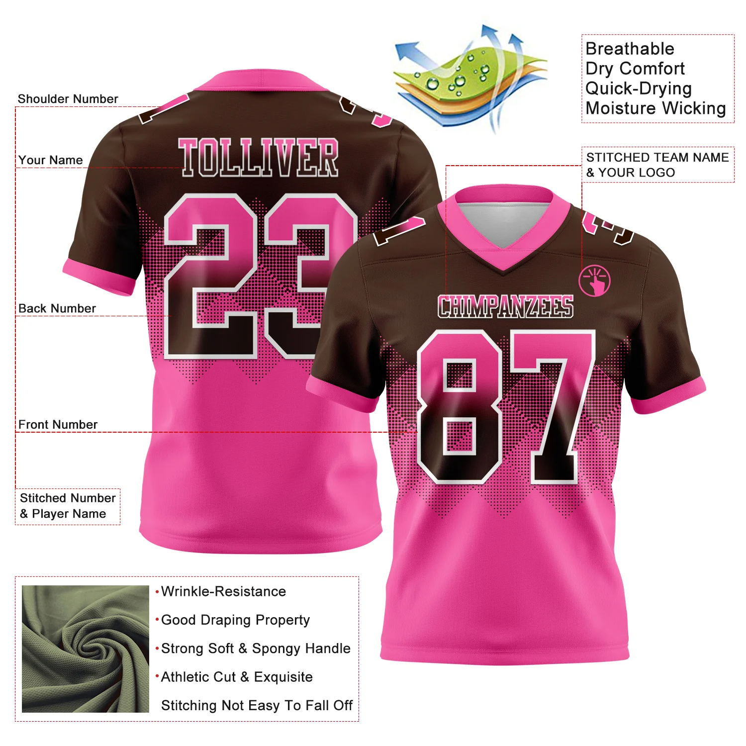 Custom Brown Pink-White Authentic Gradient Square Shape Flag Football Jersey