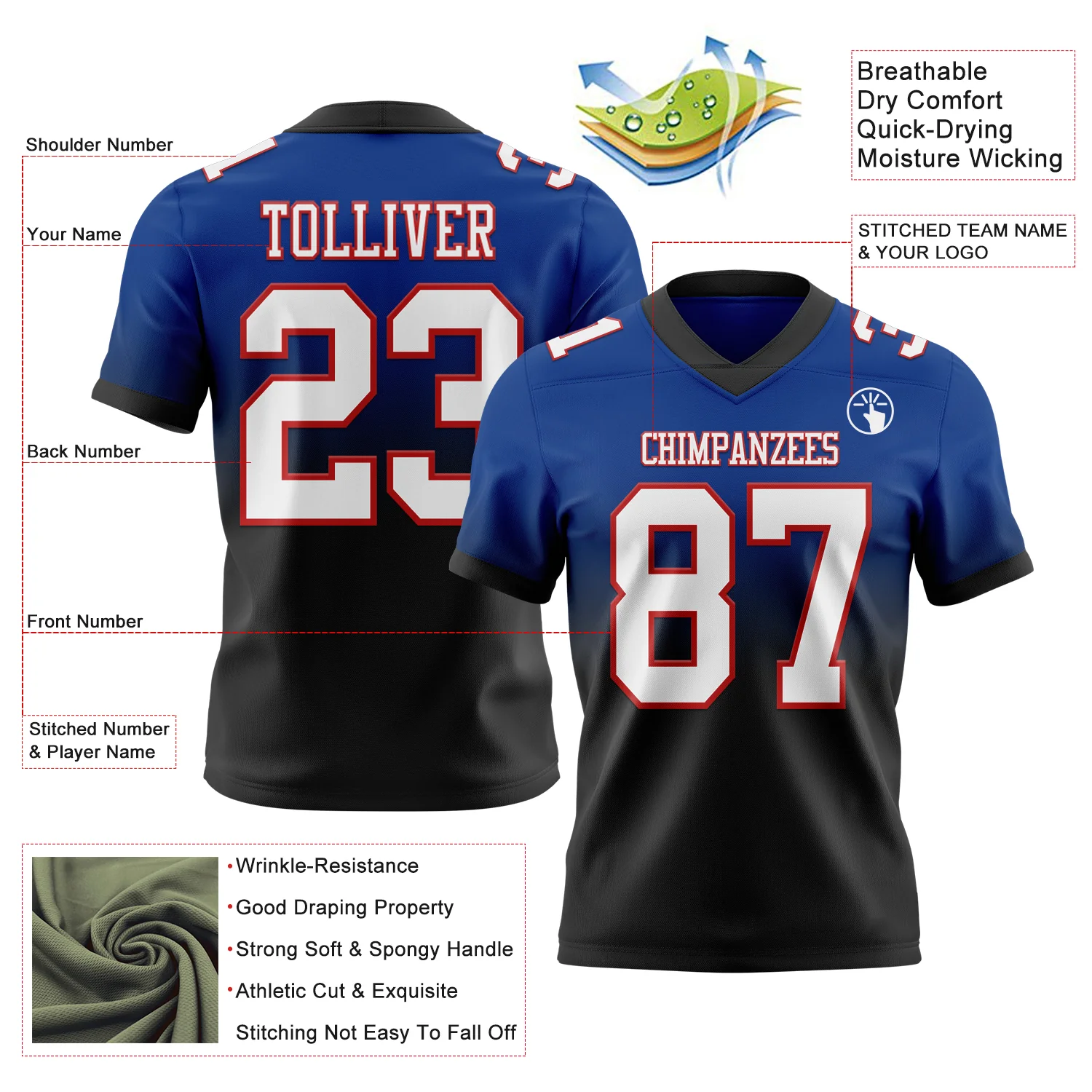 Custom Royal White Black-Red Authentic Fade Fashion Football Jersey