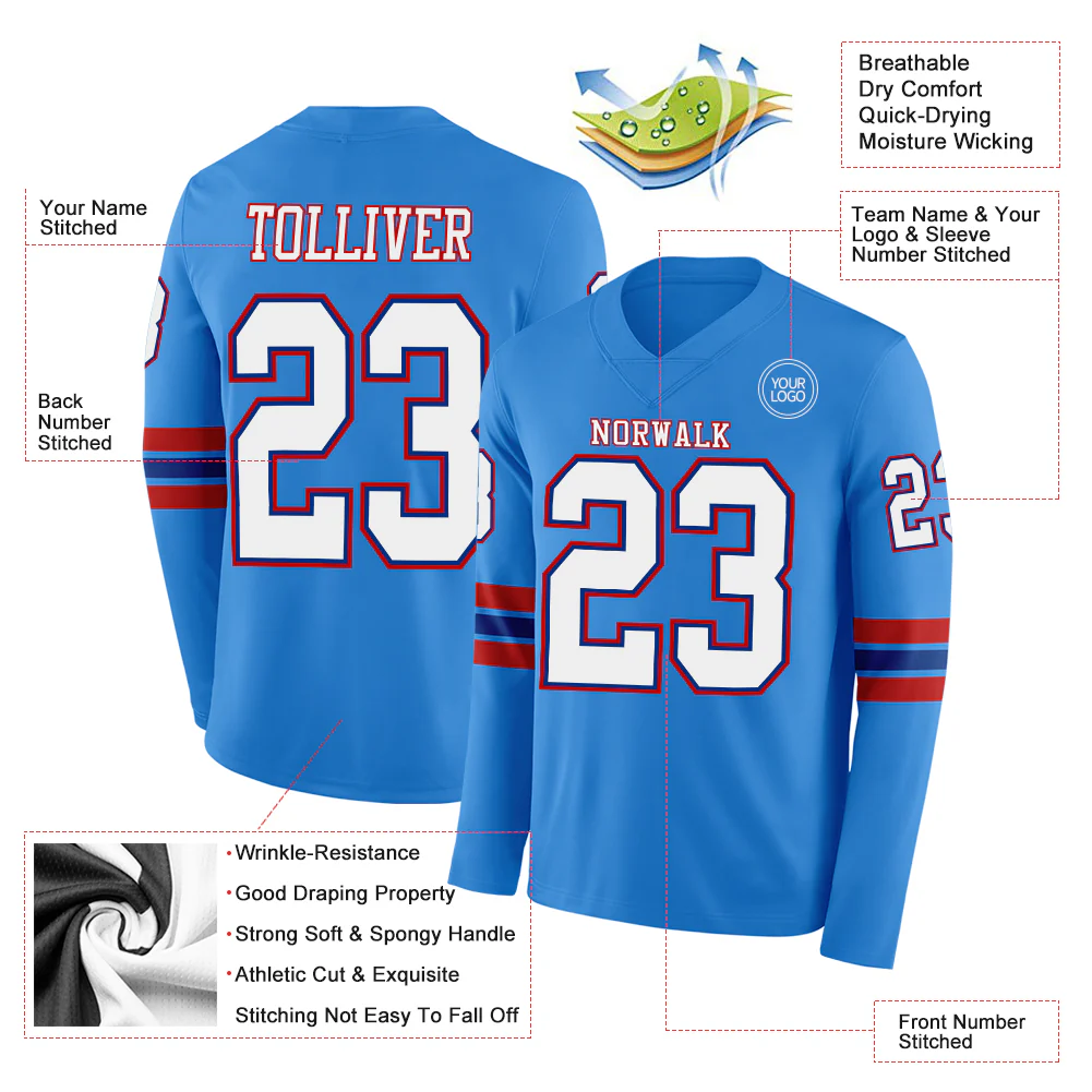 Custom Powder Blue White Royal-Red Long Sleeve Authentic Football Jersey