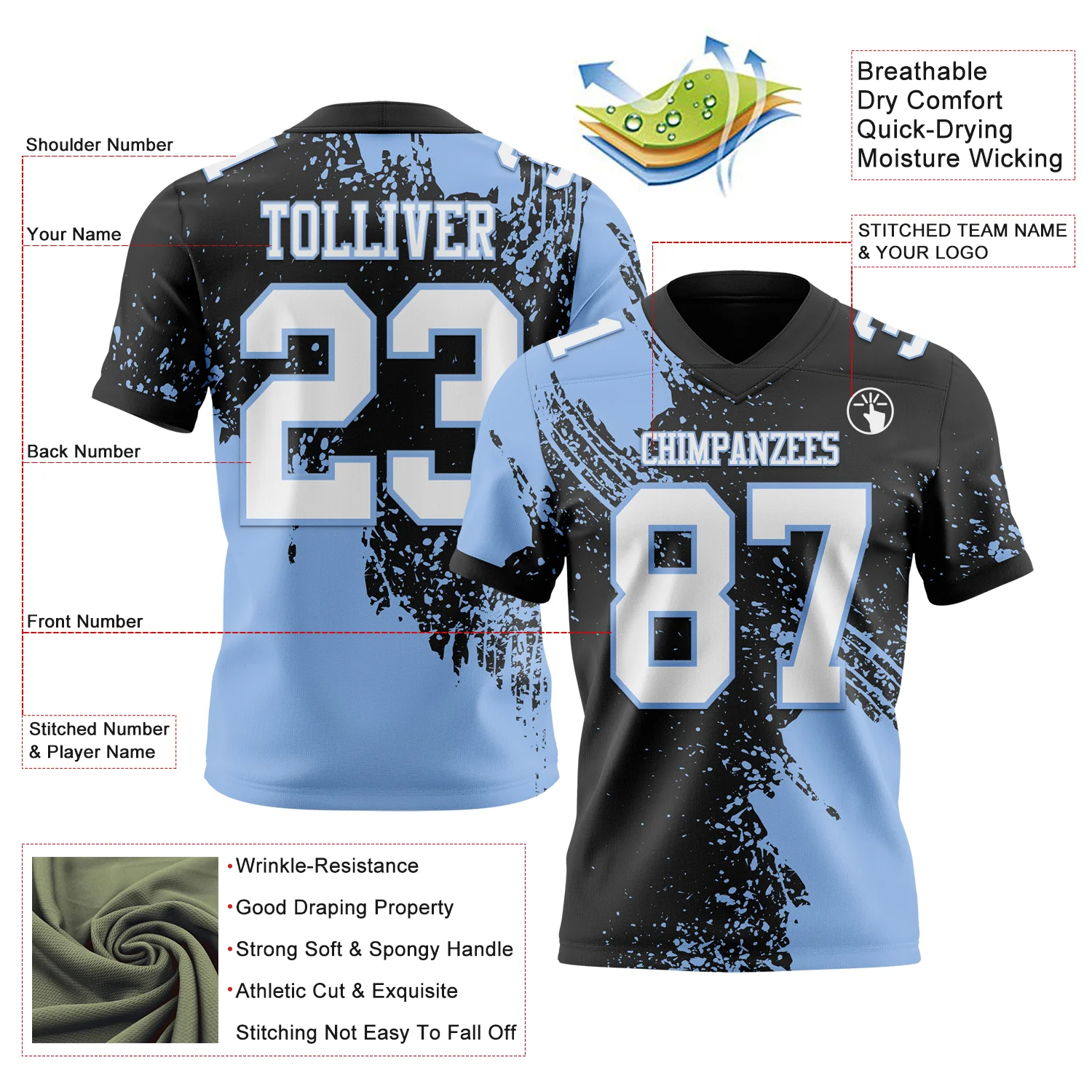 Custom Black White-Light Blue 3D Pattern Abstract Brush Stroke Authentic Football Jersey