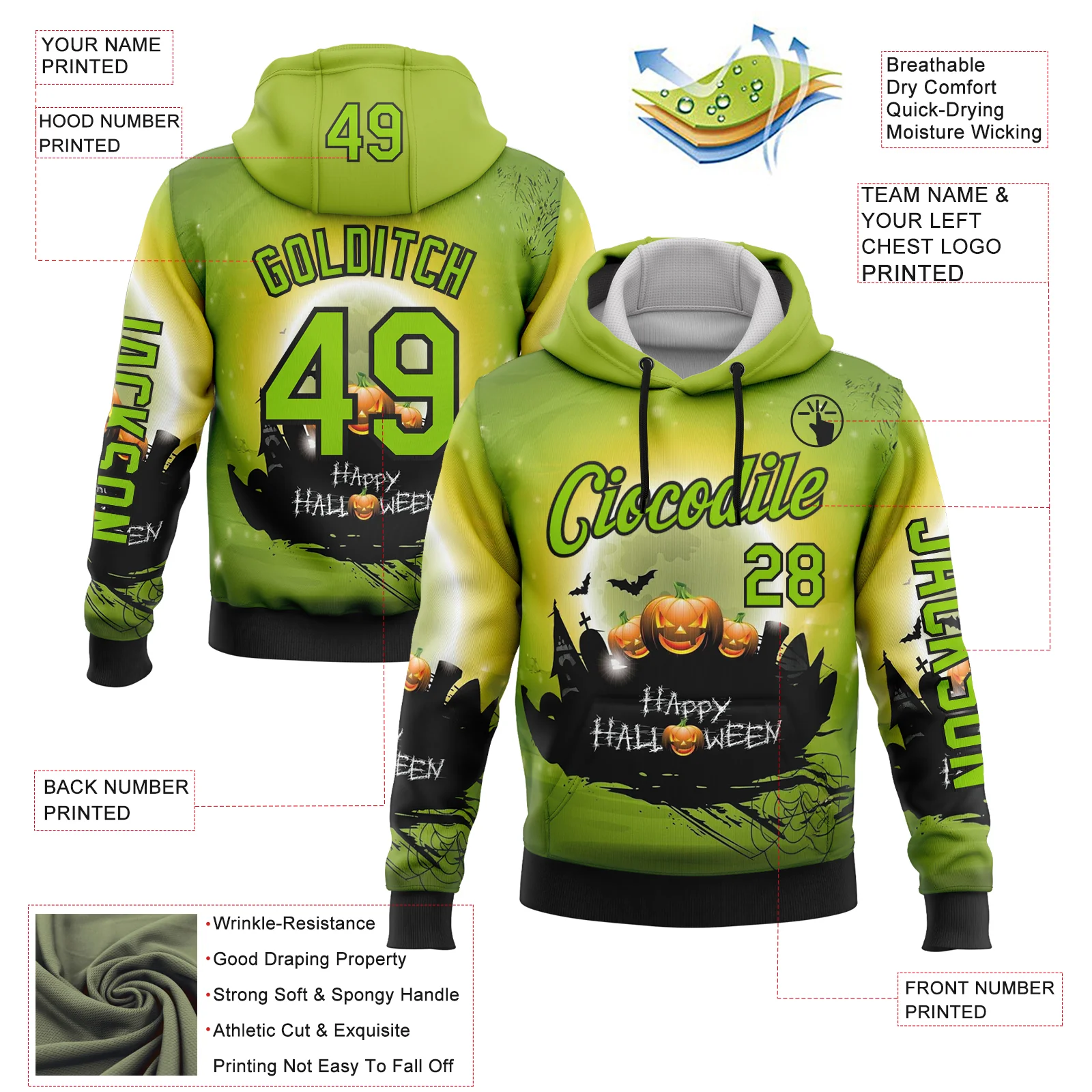 Custom Green Neon Green-Black 3D Halloween Pumpkin Spooky Sports Pullover Sweatshirt Hoodie