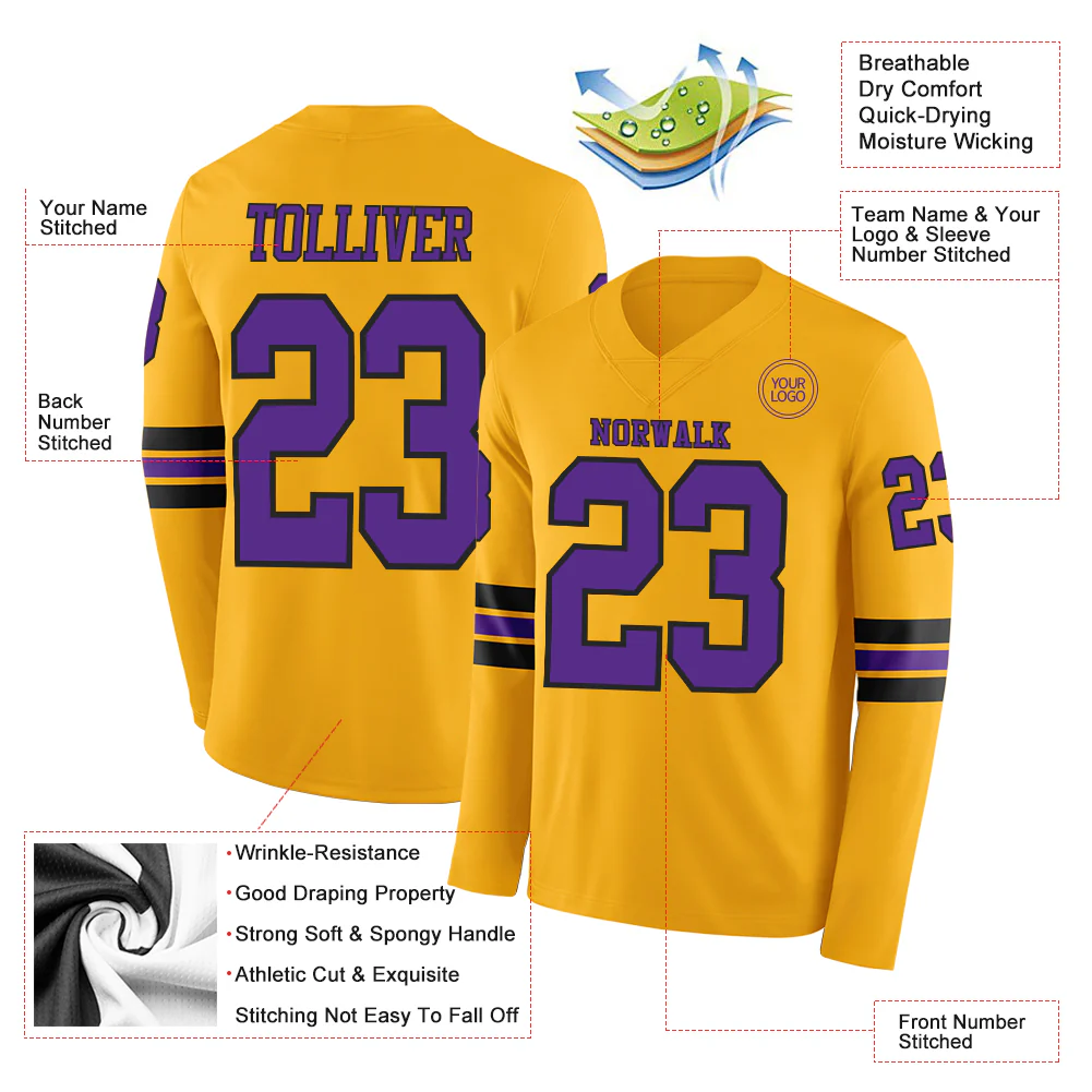 Custom Gold Purple-Black Long Sleeve Authentic Football Jersey
