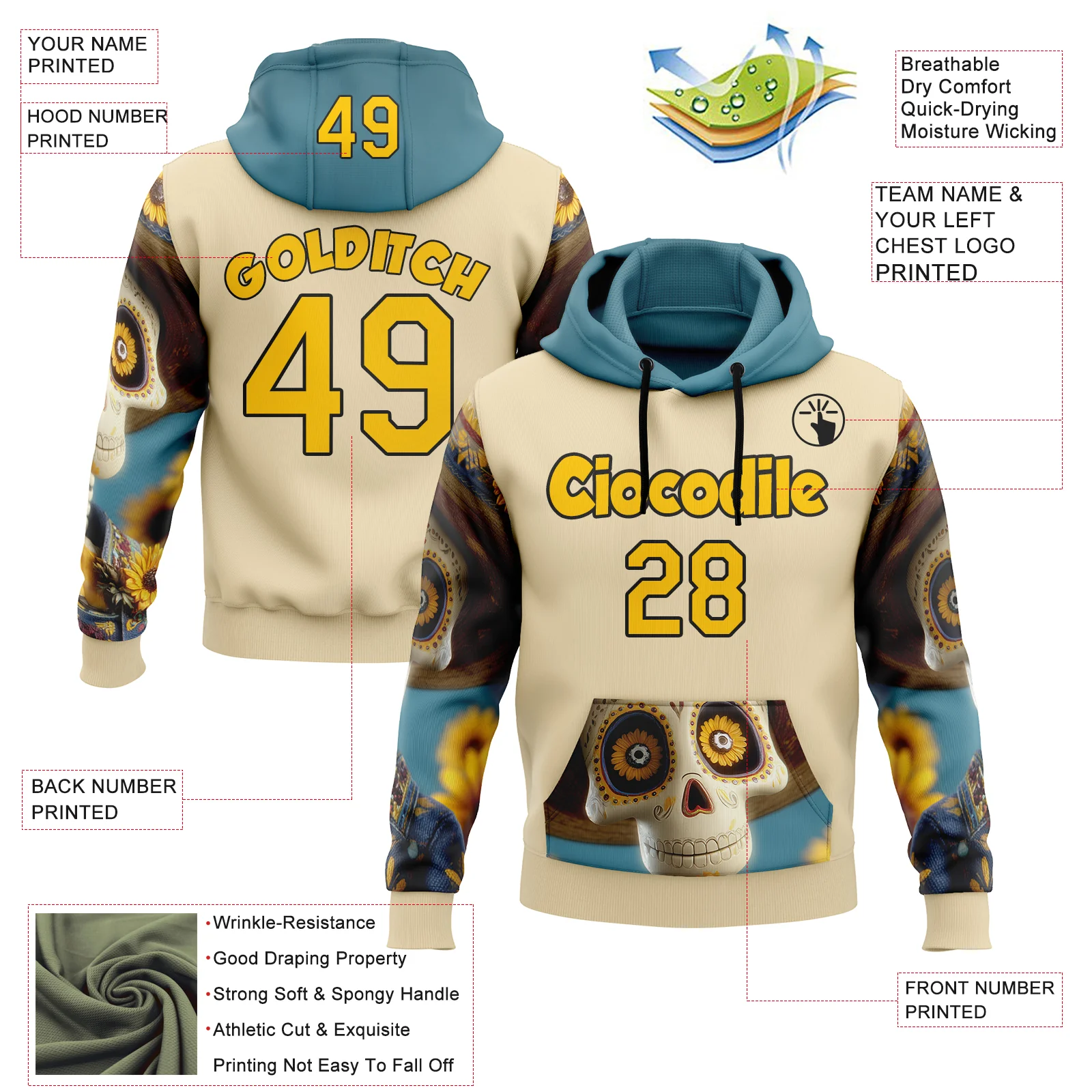 Custom Cream Yellow-Black 3D Skull Sunflower Calavera Day Of The Dead Dia de los Muertos Sports Pullover Sweatshirt Hoodie