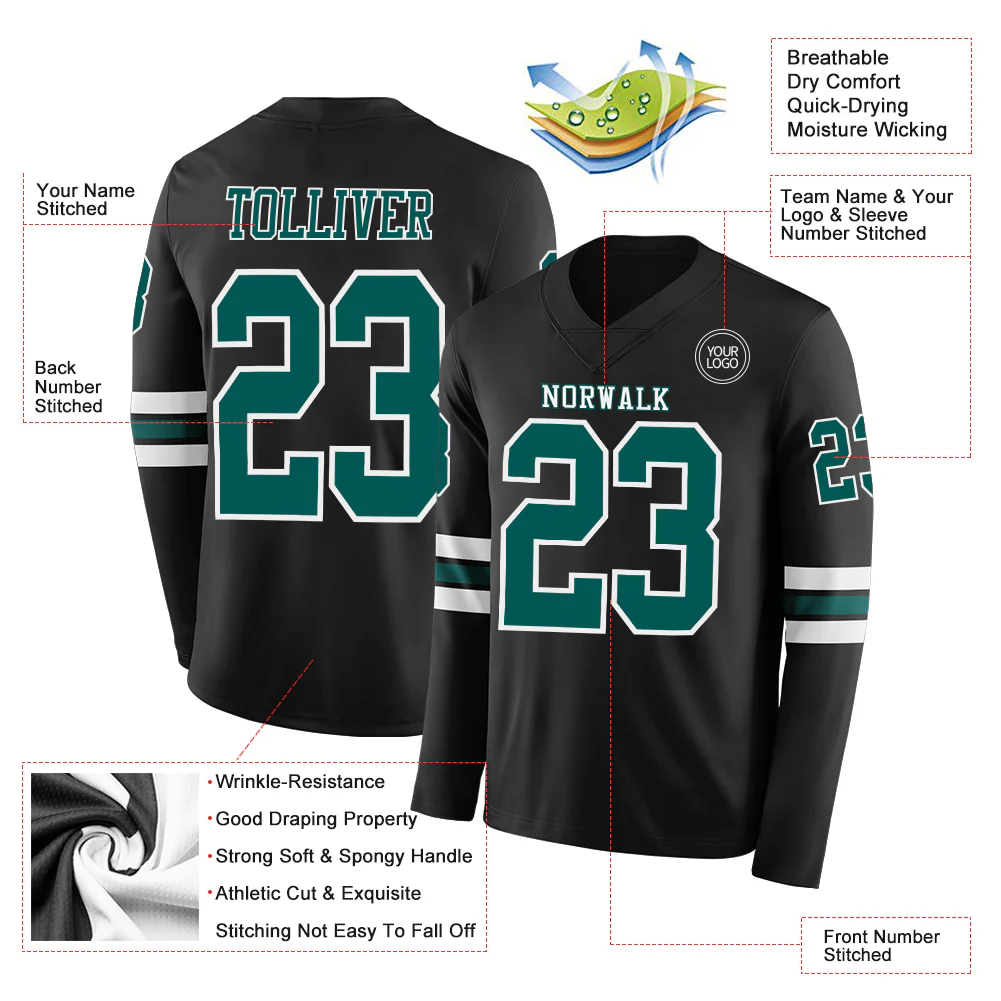 Custom Black Midnight Green-White Long Sleeve Authentic Football Jersey