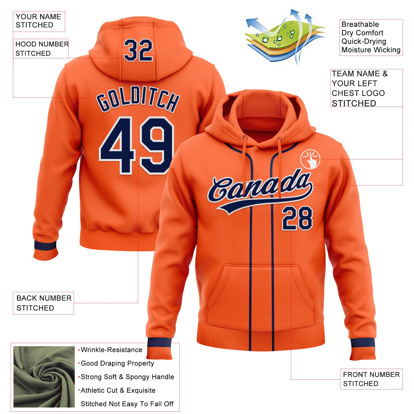 Custom Stitched Orange Navy-White Baseball Pullover Sweatshirt Hoodie