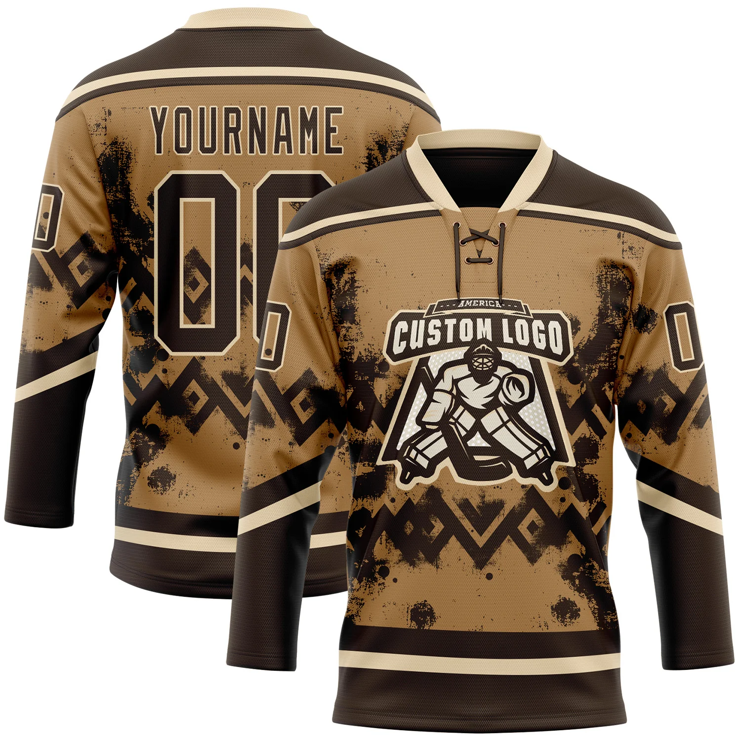 Custom Old Gold Brown-City Cream 3D Pattern Tribal Indigenous Grunge Geometric Splash Hockey Lace Neck Jersey