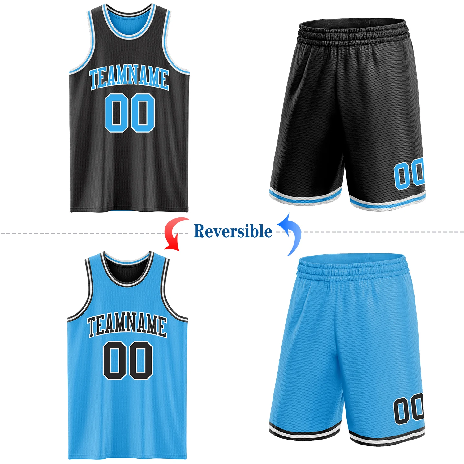 Custom Reversible Black Sky Blue-White Double Side Sublimation Basketball Suit Jersey