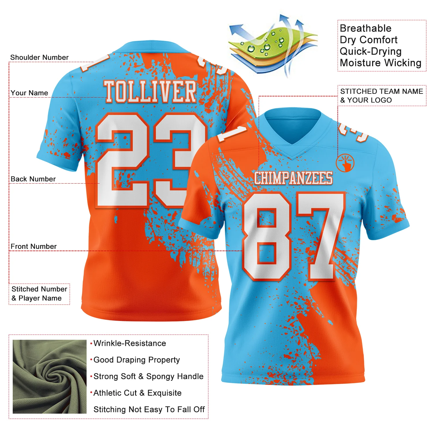 Custom Sky Blue White-Orange 3D Pattern Abstract Brush Stroke Authentic Football Jersey