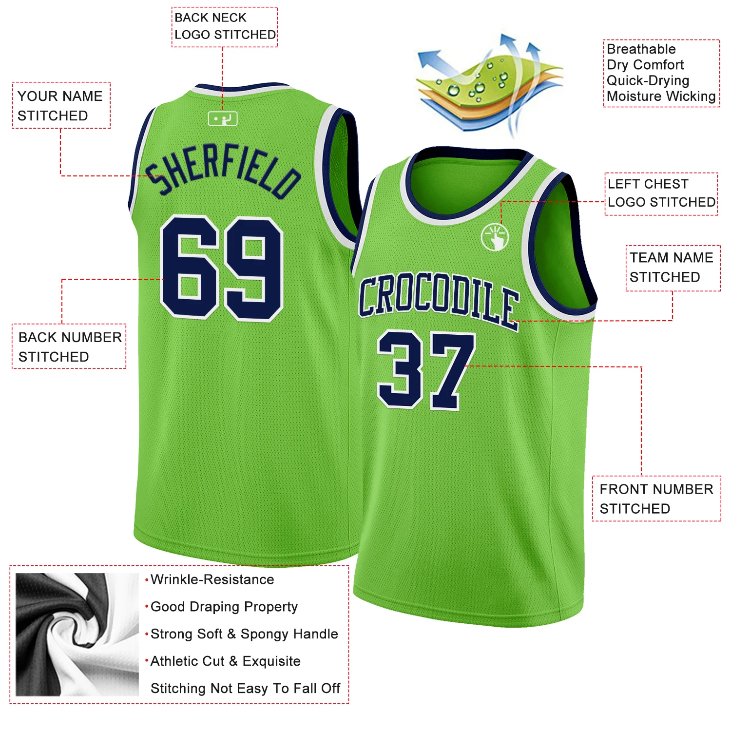 Custom Neon Green Navy-White Authentic Basketball Jersey