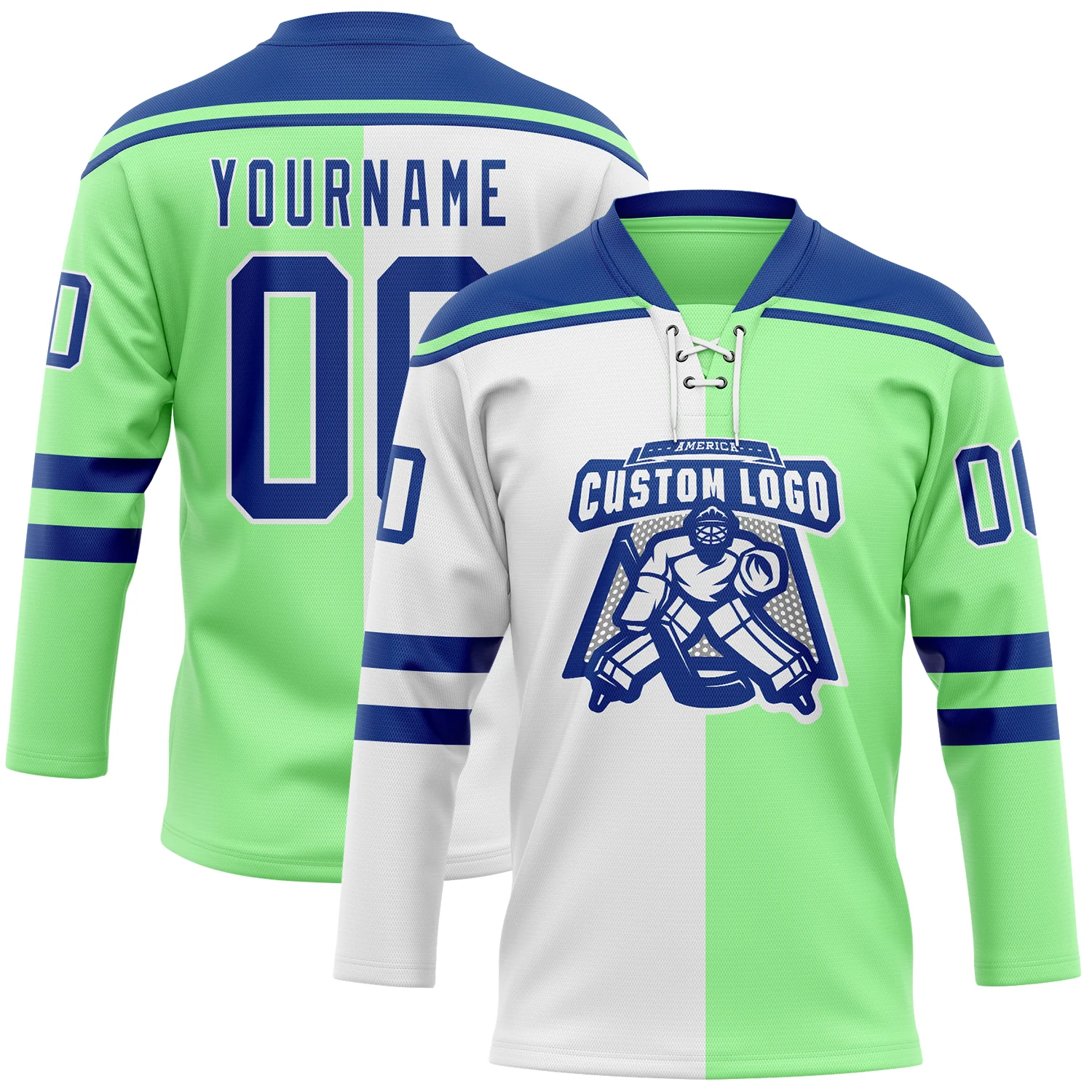Custom Pea Green Royal-White Split Fashion Hockey Lace Neck Jersey