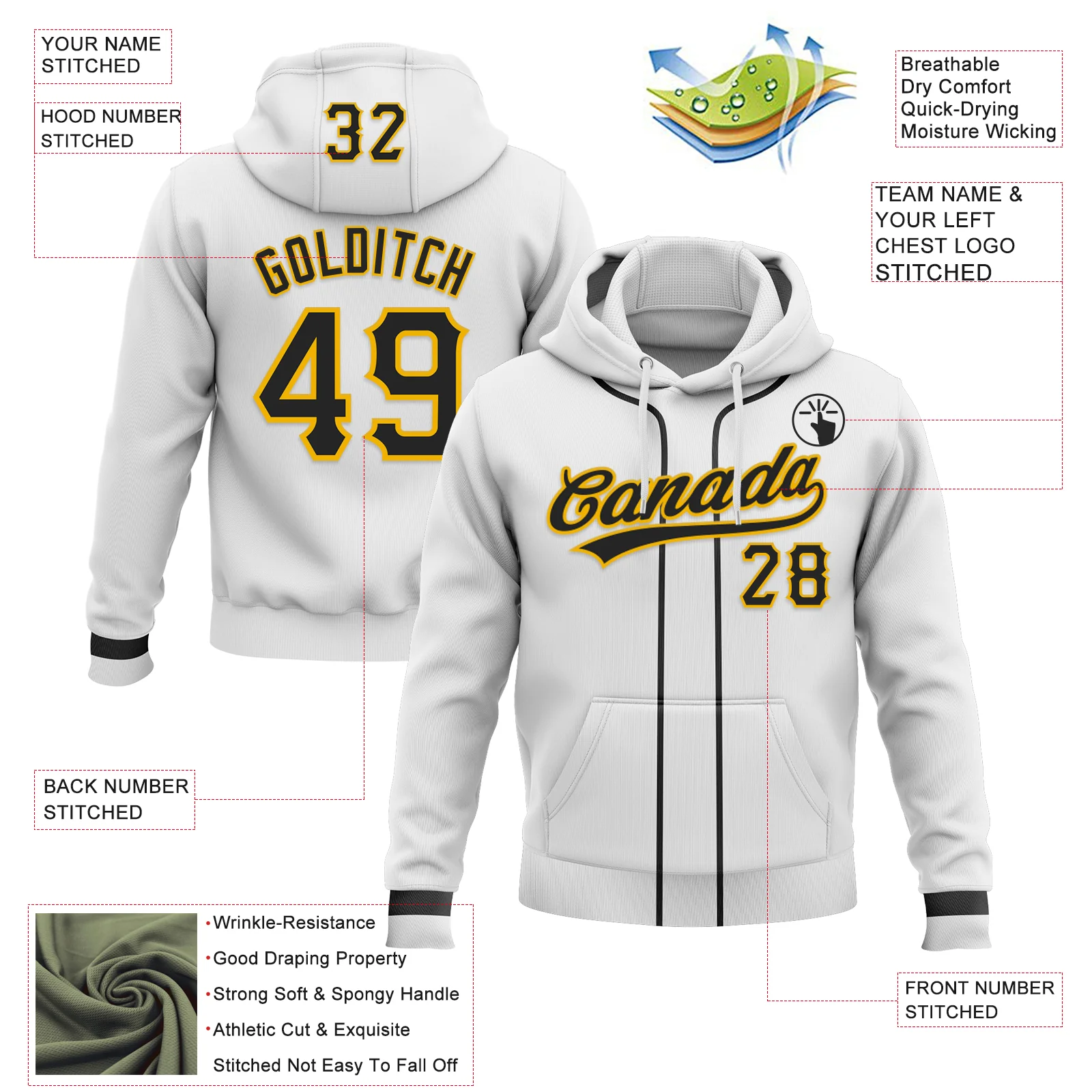 Custom Stitched White Black-Gold Baseball Pullover Sweatshirt Hoodie