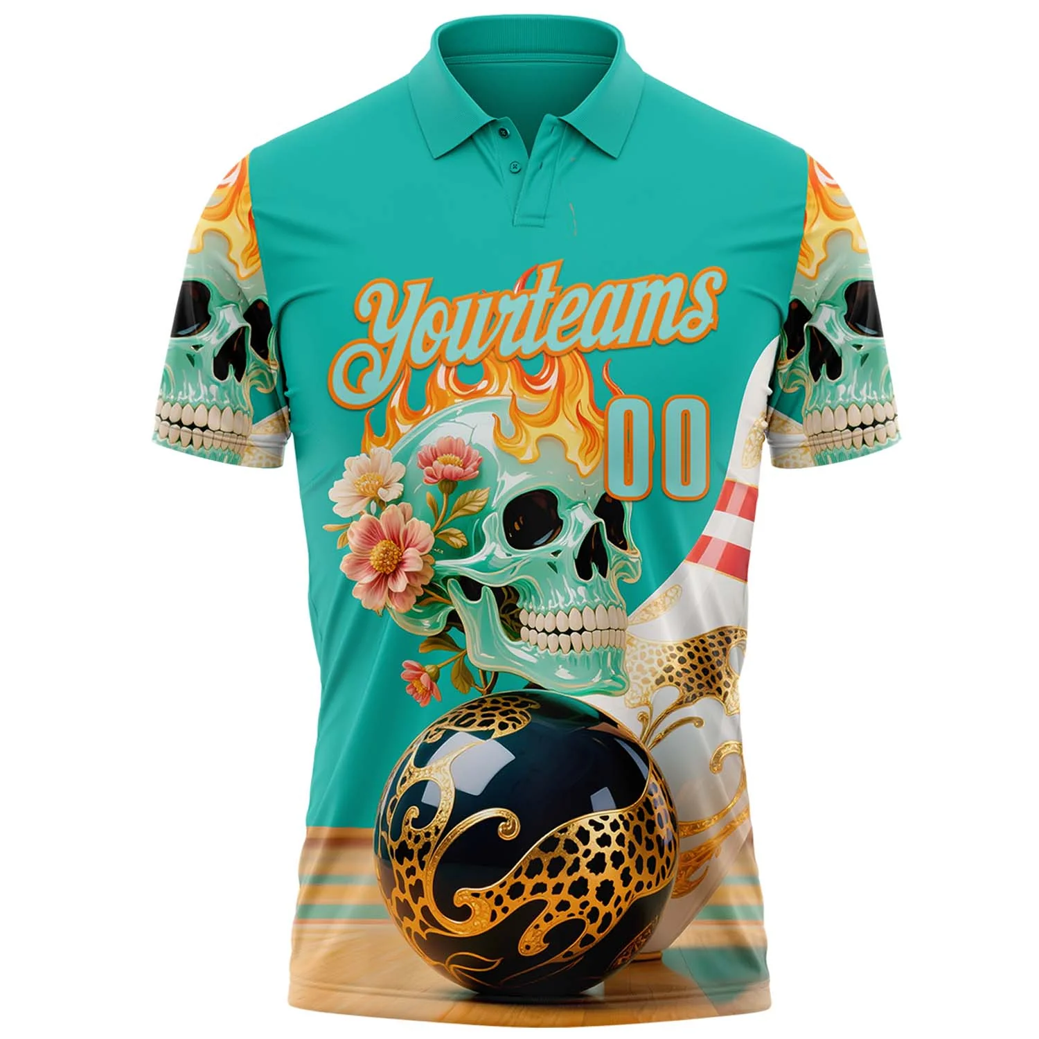 Custom Blue Ice Blue-Bay Orange 3D Floral Leopard Print Flame Skull Bowling Performance Polo Shirt