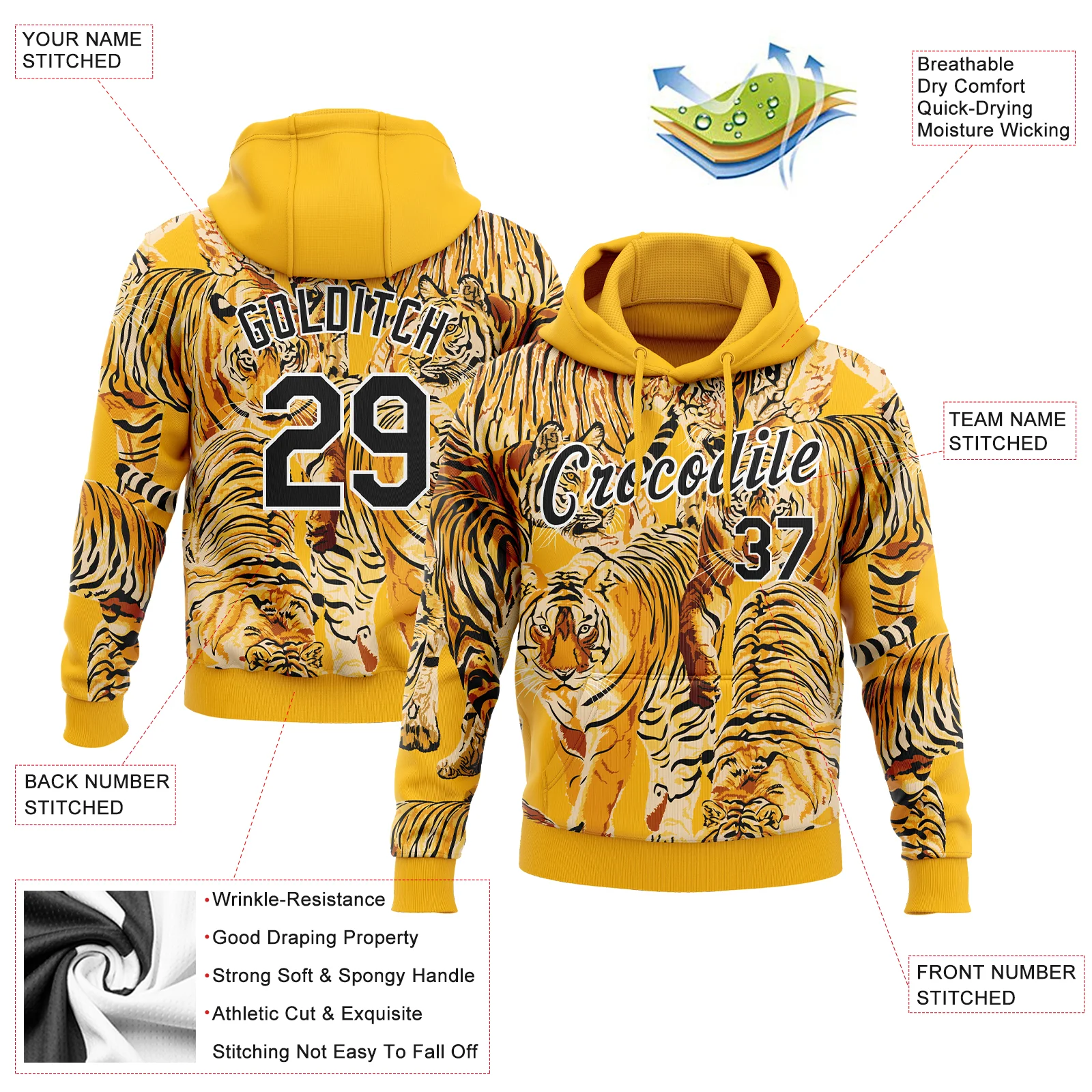 Custom Stitched Gold Black-White 3D Pattern Design Tiger Sports Pullover Sweatshirt Hoodie
