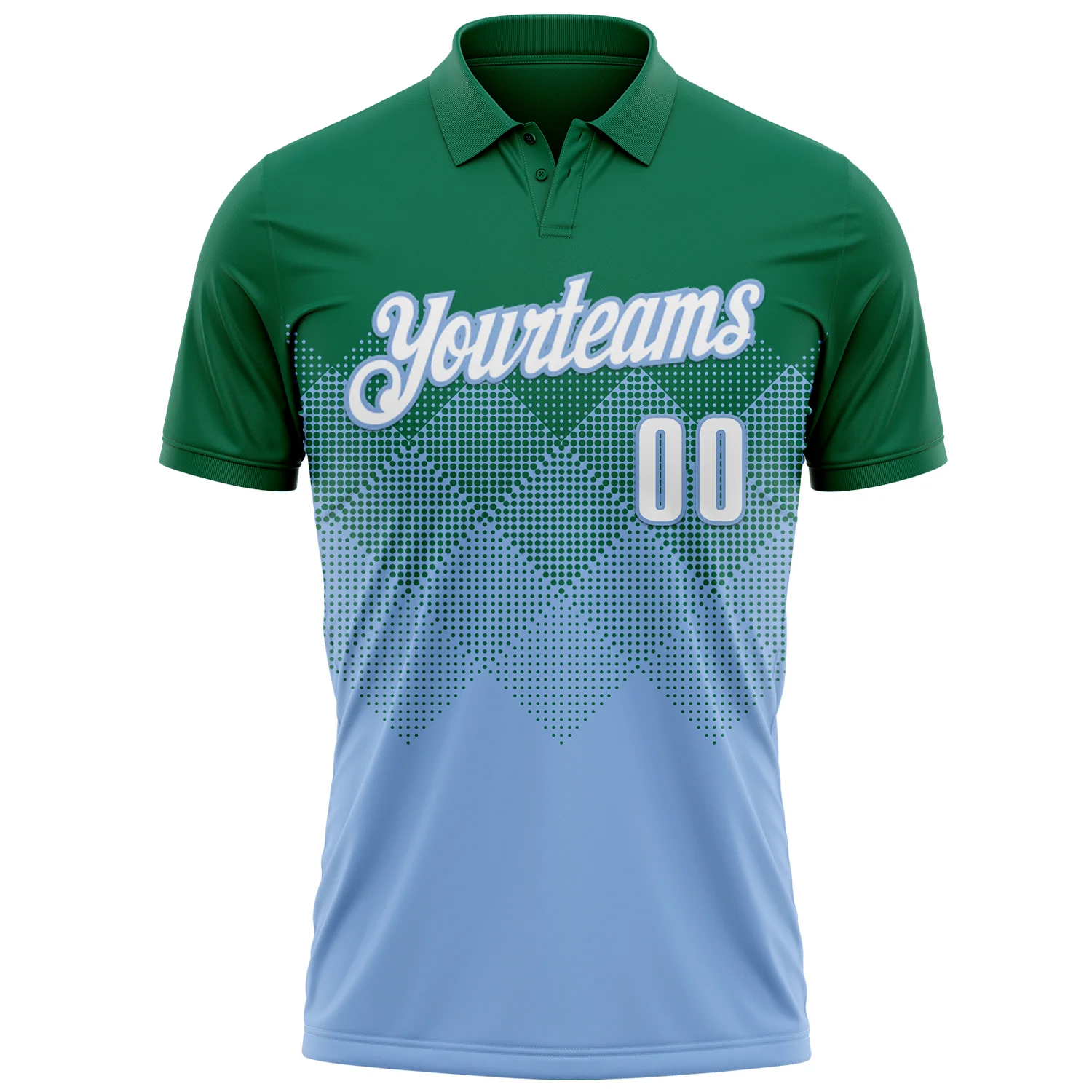 Custom Kelly Green White-Light Blue 3D Gradient Square Shape Performance Polo Shirt