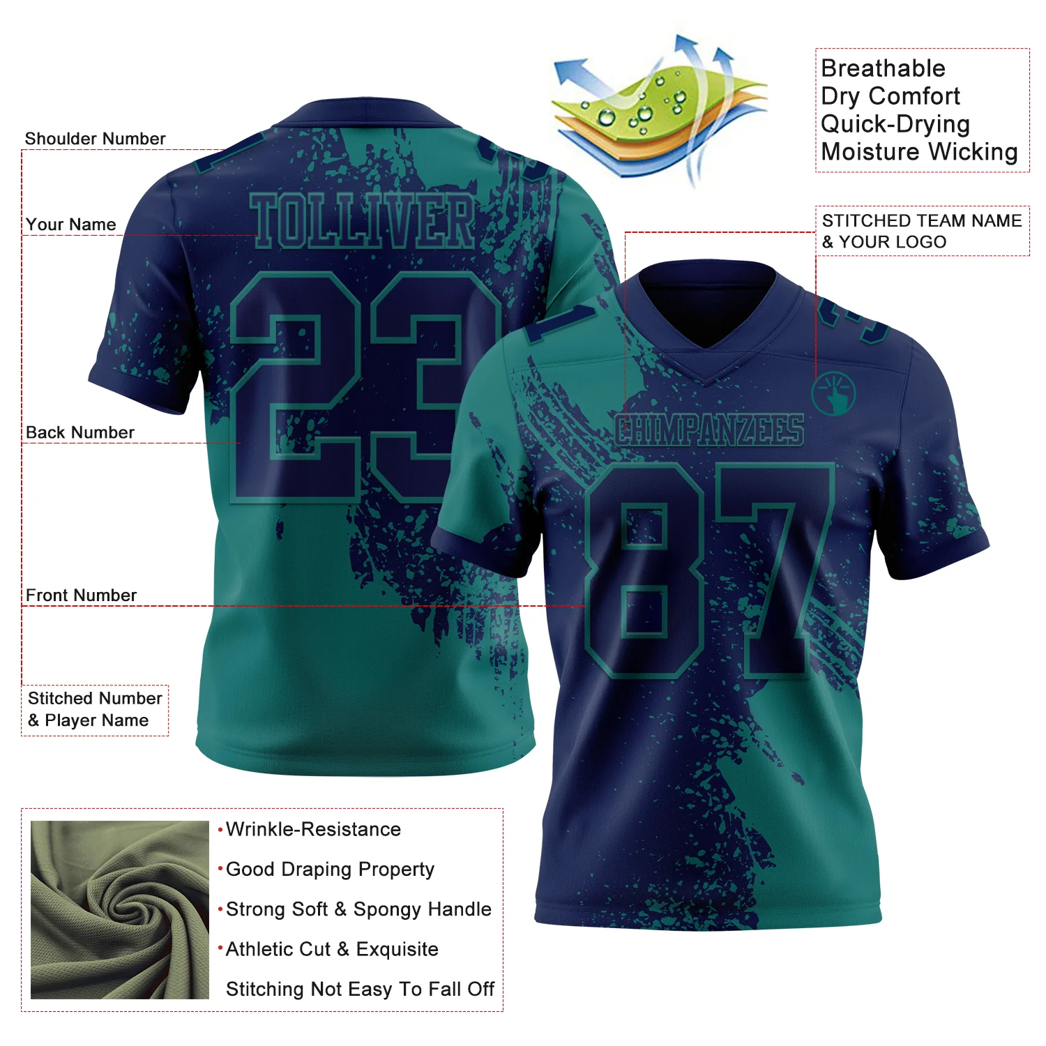 Custom Navy Teal 3D Pattern Abstract Brush Stroke Authentic Football Jersey